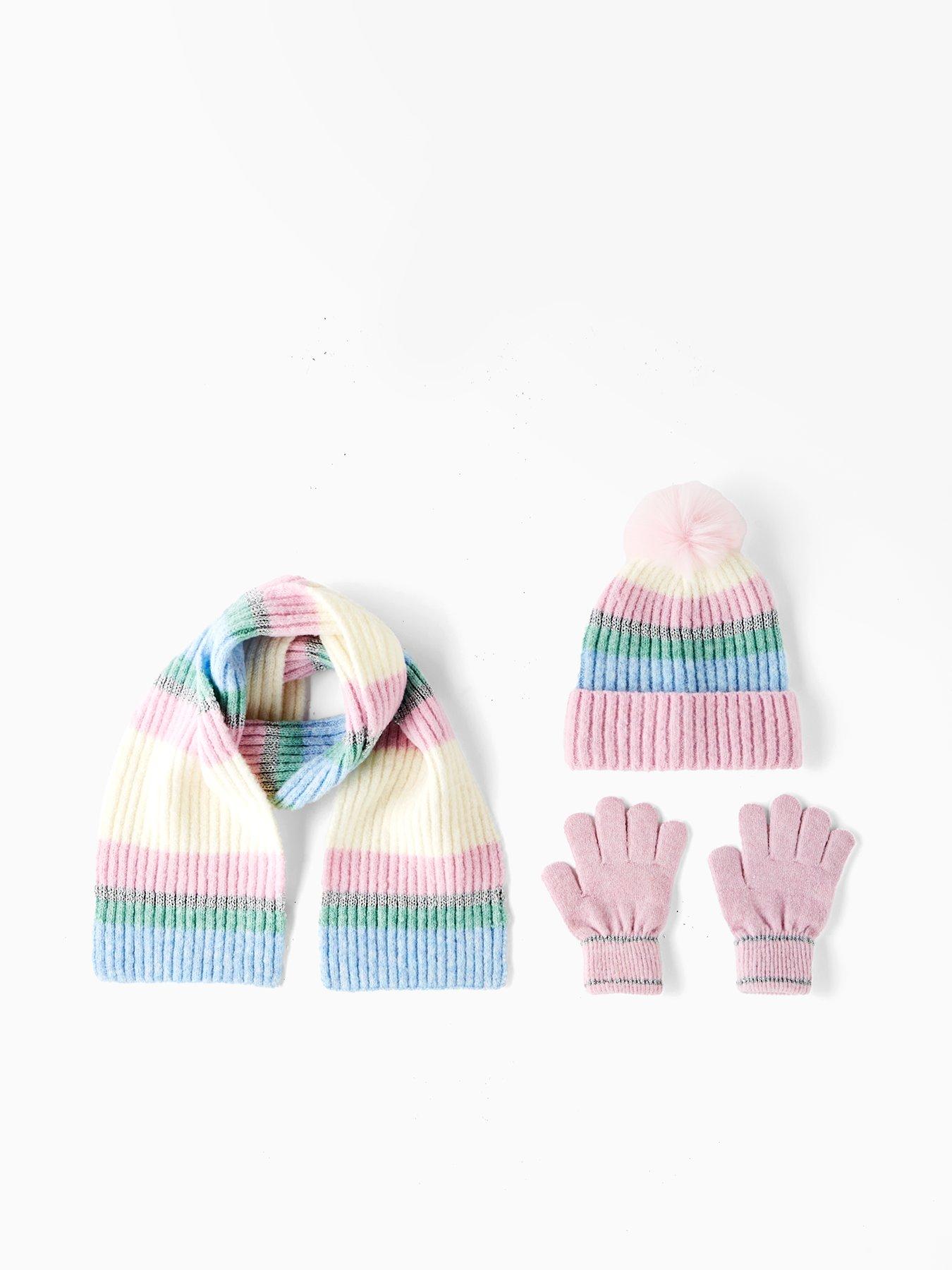 Image 1 of 4 of The Very Collection Kids&nbsp;Lurex Stripe Hat, Scarf and Gloves Set 3 Piece&nbsp;- Pink