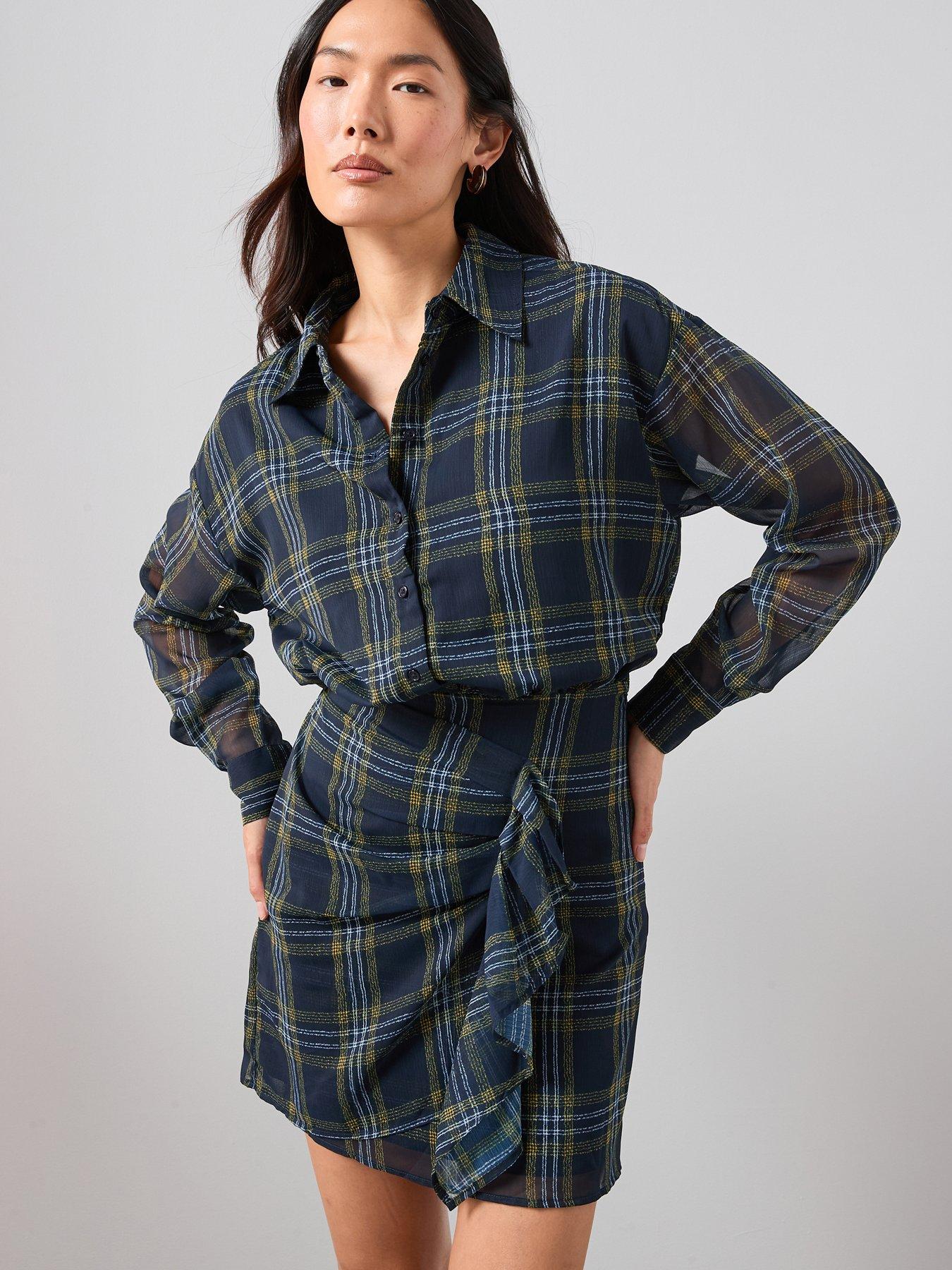  image of the-very-collection-checked-ruffle-detail-mini-shirt-dress-print