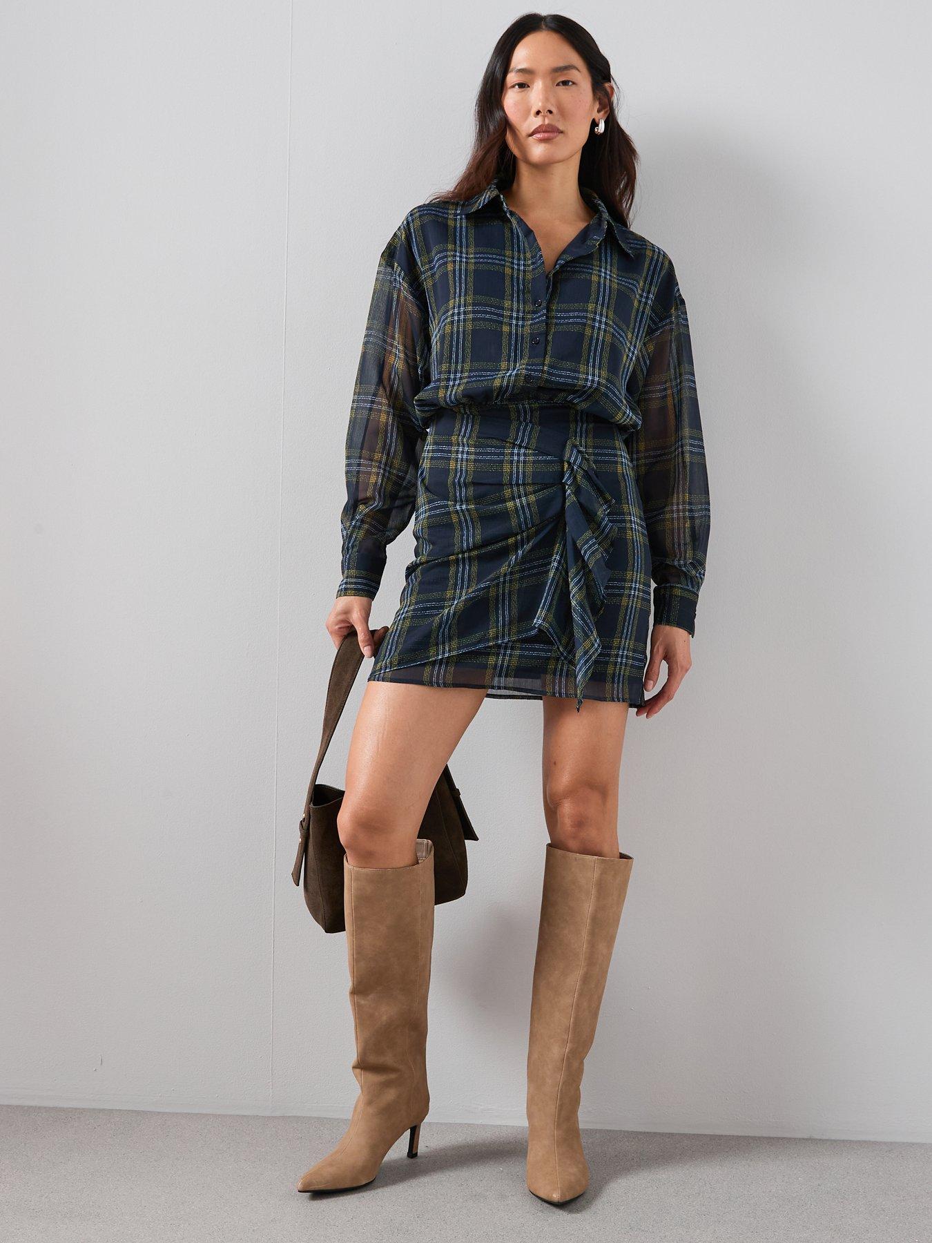  image of the-very-collection-checked-ruffle-detail-mini-shirt-dress-print