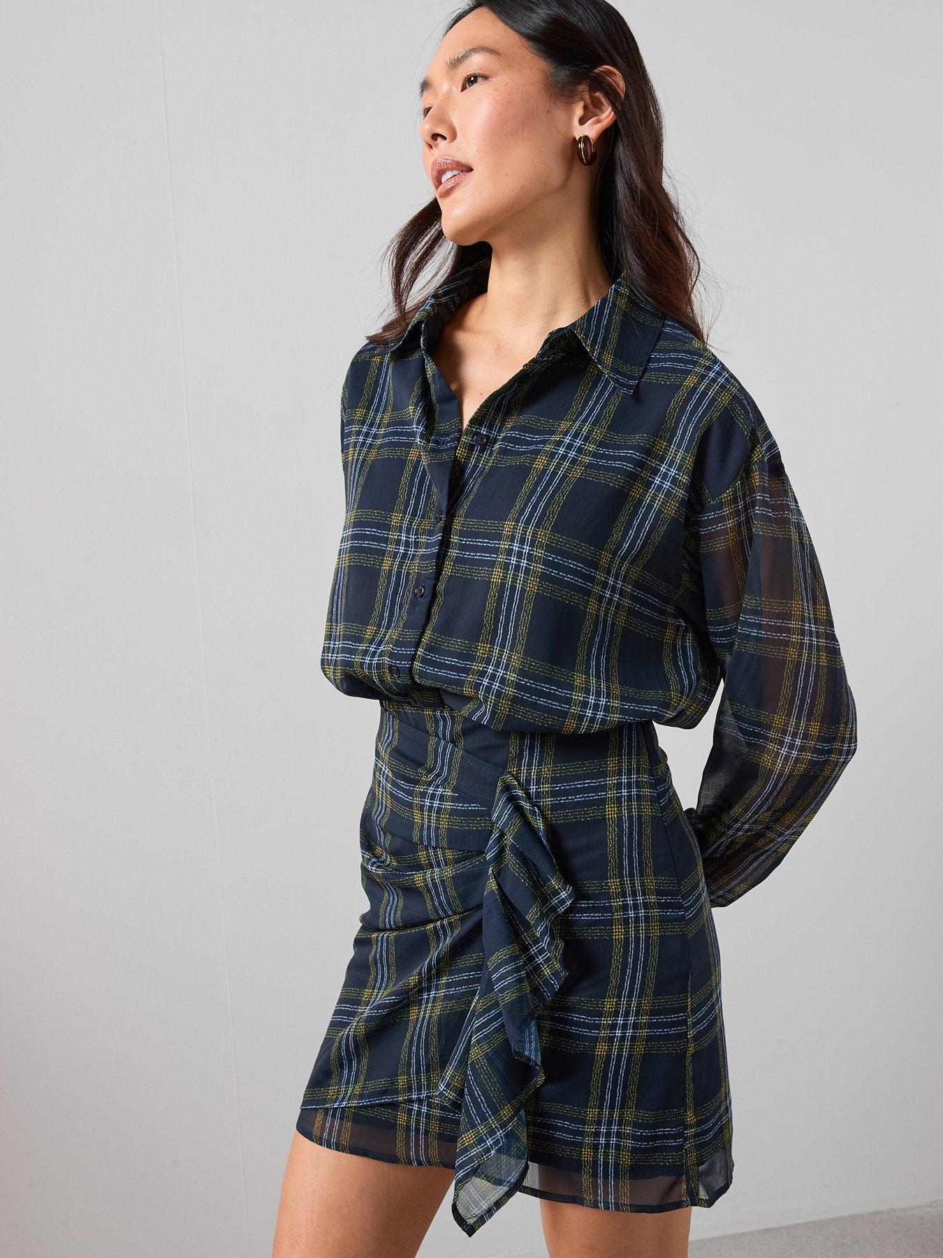  image of the-very-collection-checked-ruffle-detail-mini-shirt-dress-print