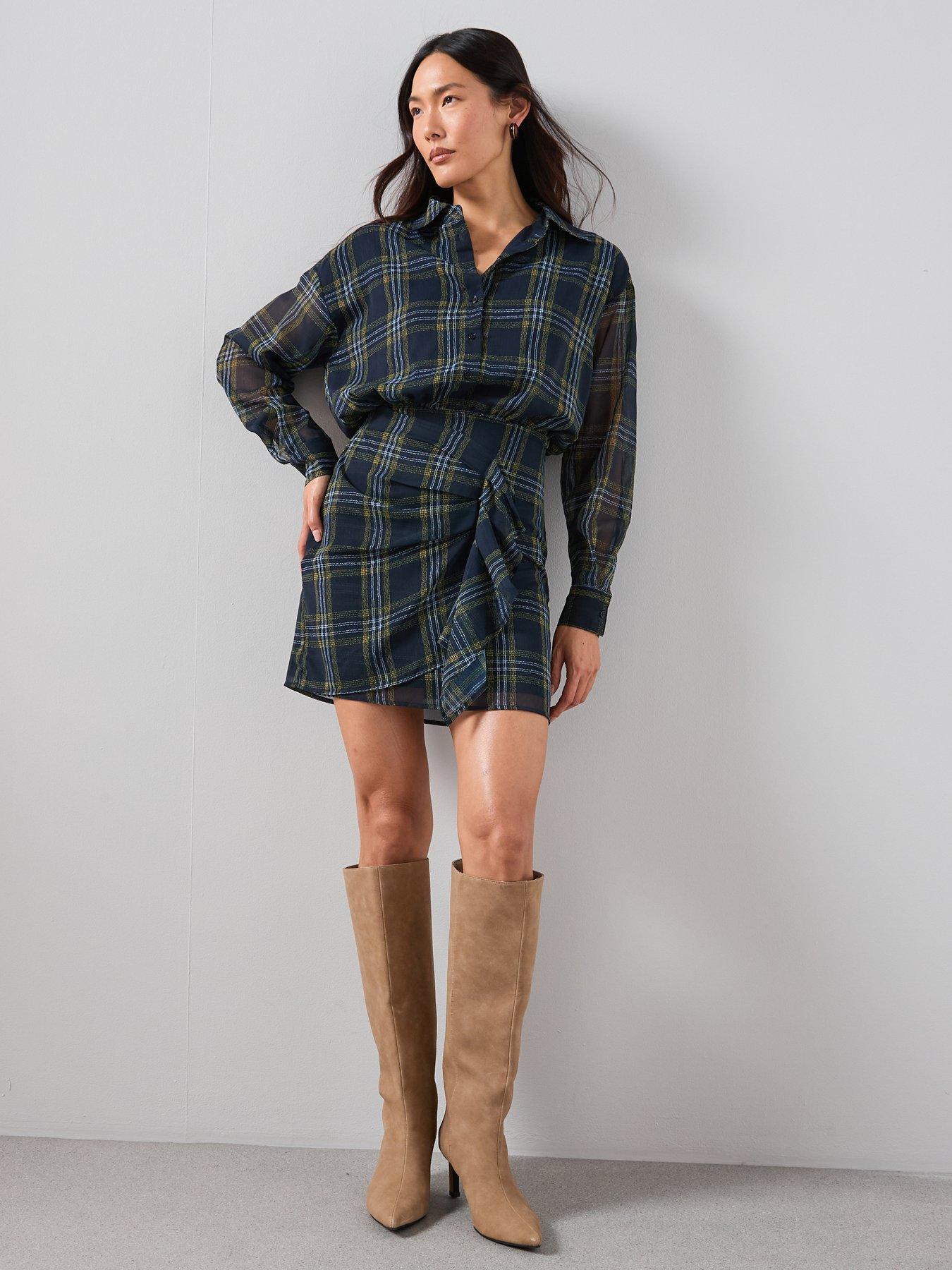  image of the-very-collection-checked-ruffle-detail-mini-shirt-dress-print