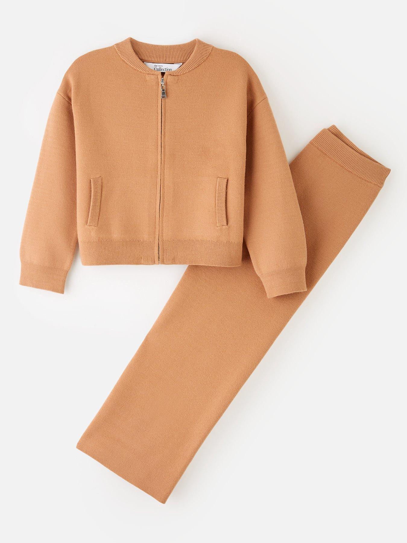 undefined Girls Knitted Bomber And Wide Leg Trousers - Cream