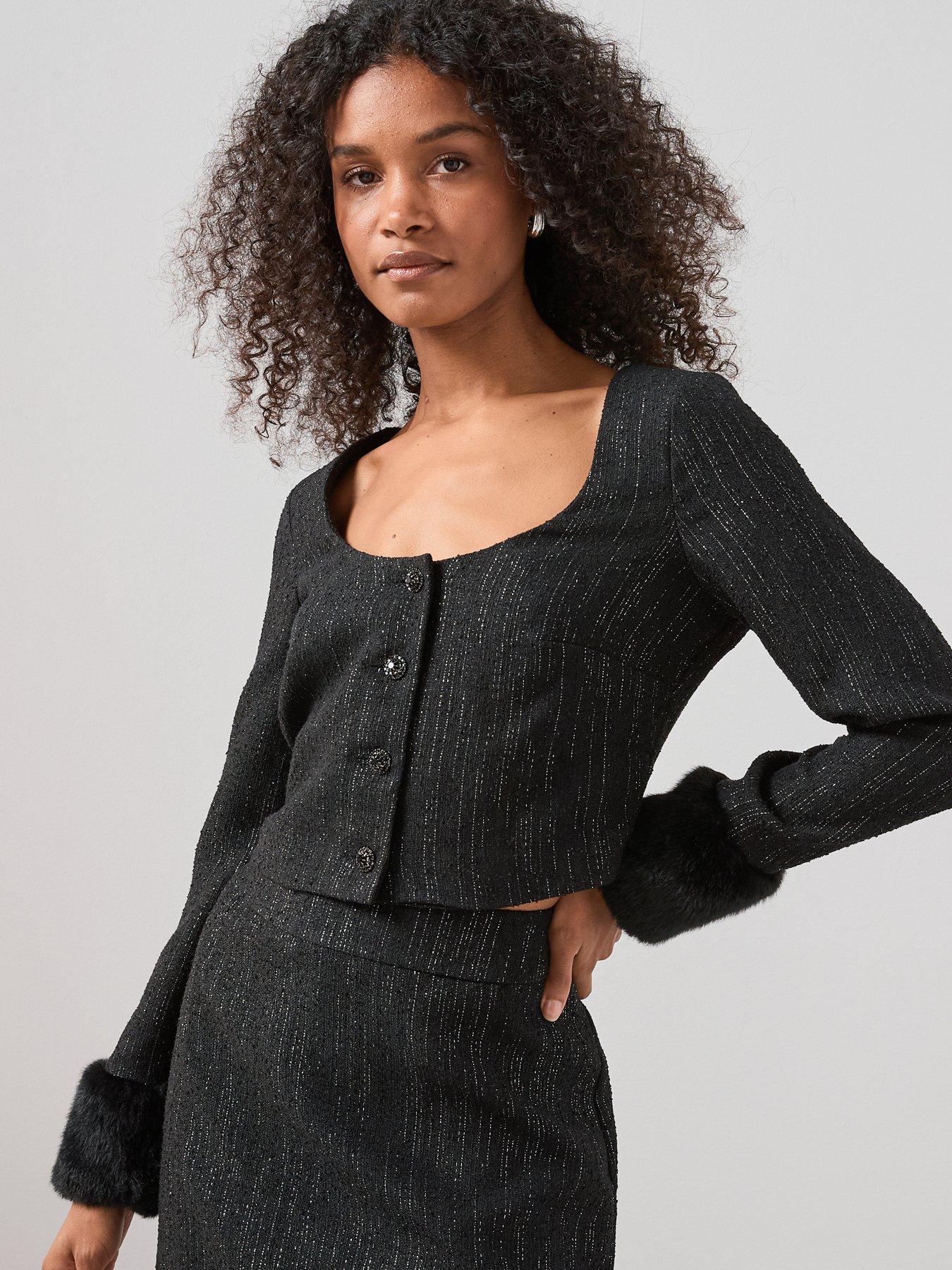 image of the-very-collection-faux-fur-trim-scoop-neck-blazer-co-ord-black