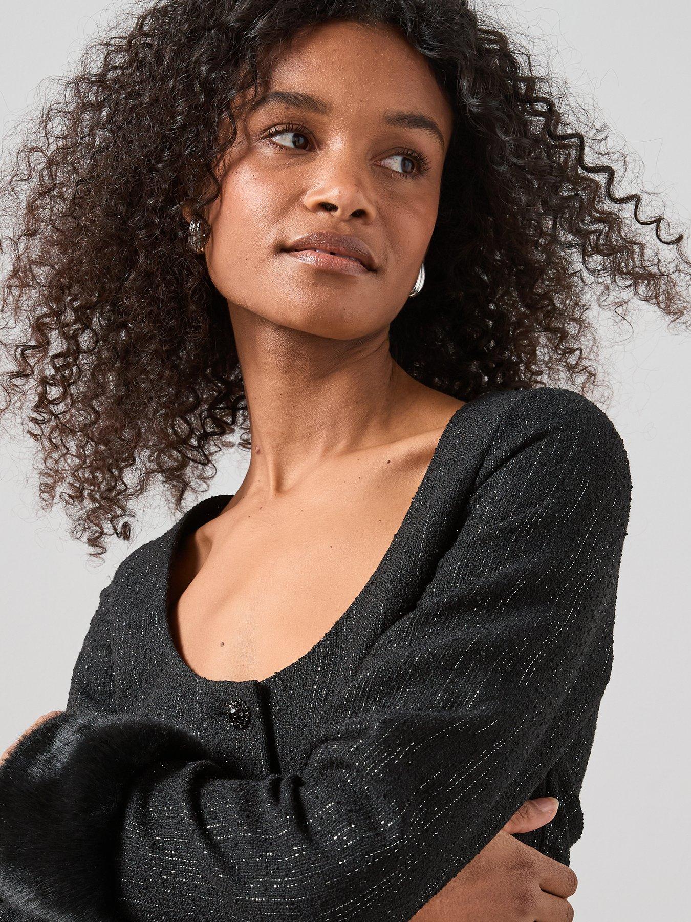  image of the-very-collection-faux-fur-trim-scoop-neck-blazer-co-ord-black