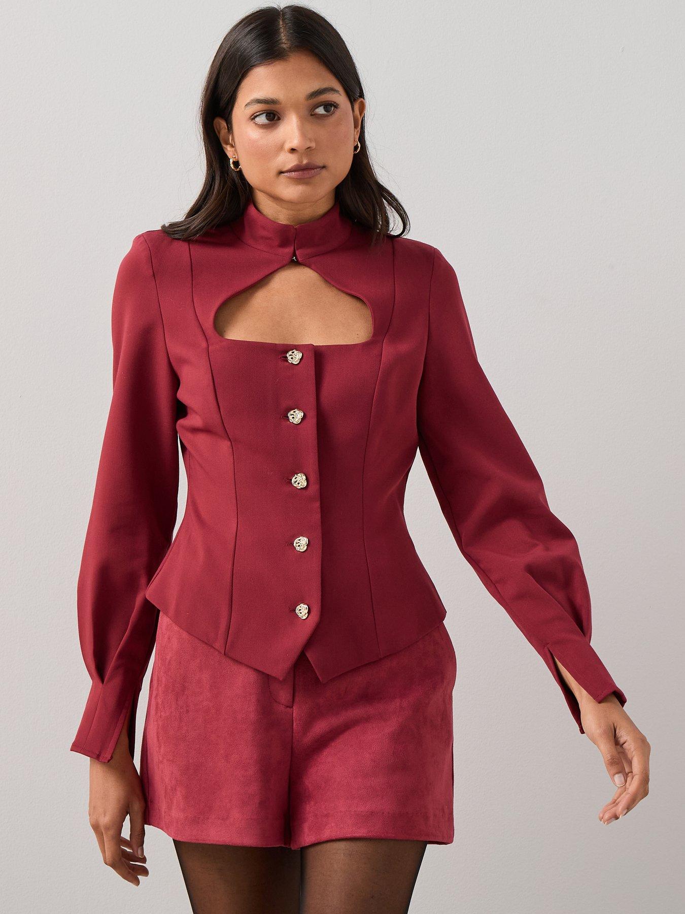 front image of the-very-collection-cut-out-peplum-waistcoat-top-red