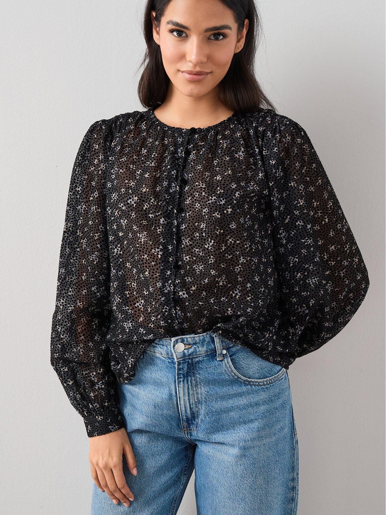 Image 1 of 7 of The Very Collection Ditsy Floral Button Through Blouse - Black
