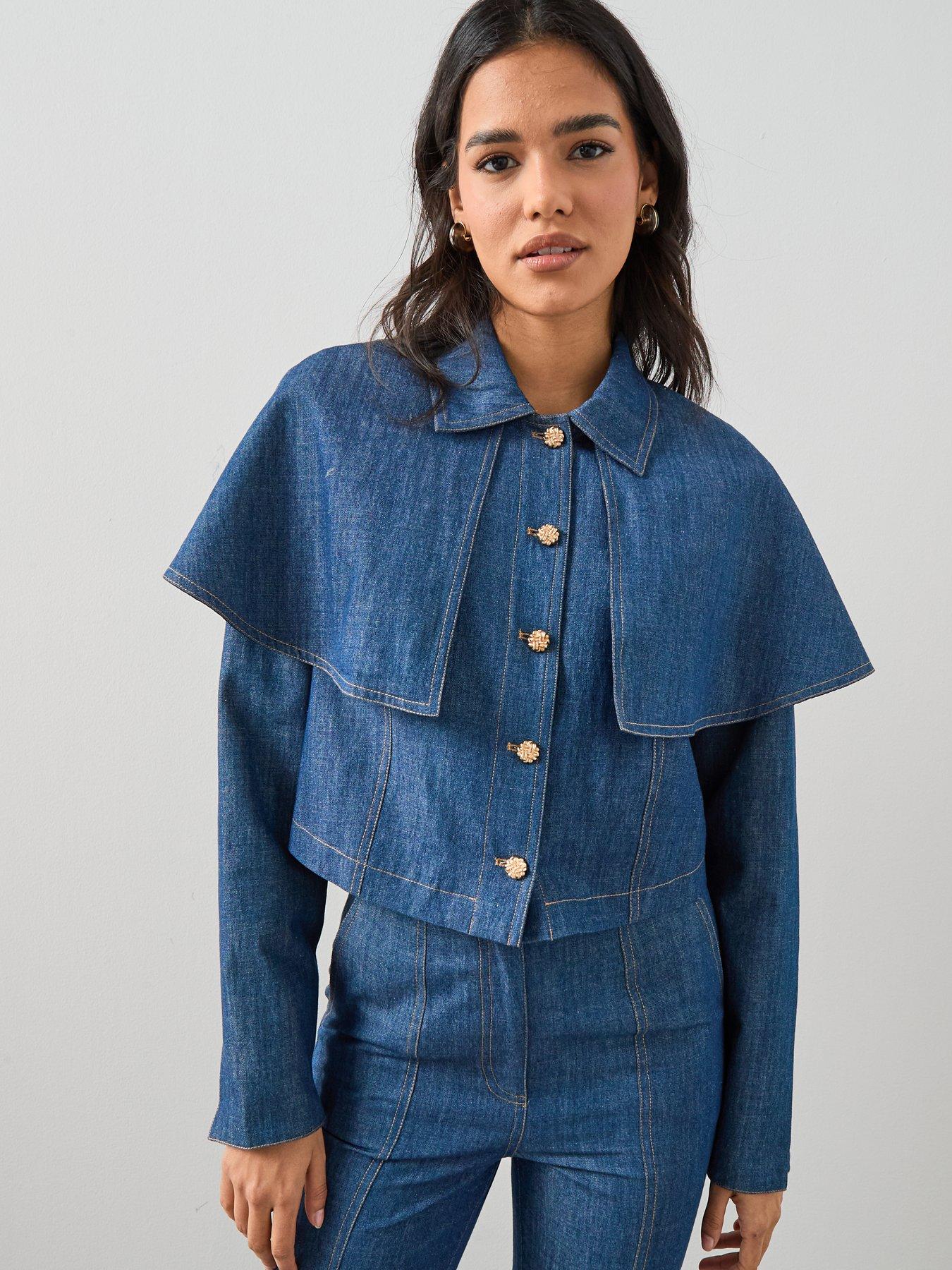 front image of the-very-collection-cross-hatch-cape-denim-jacket-co-ord-blue