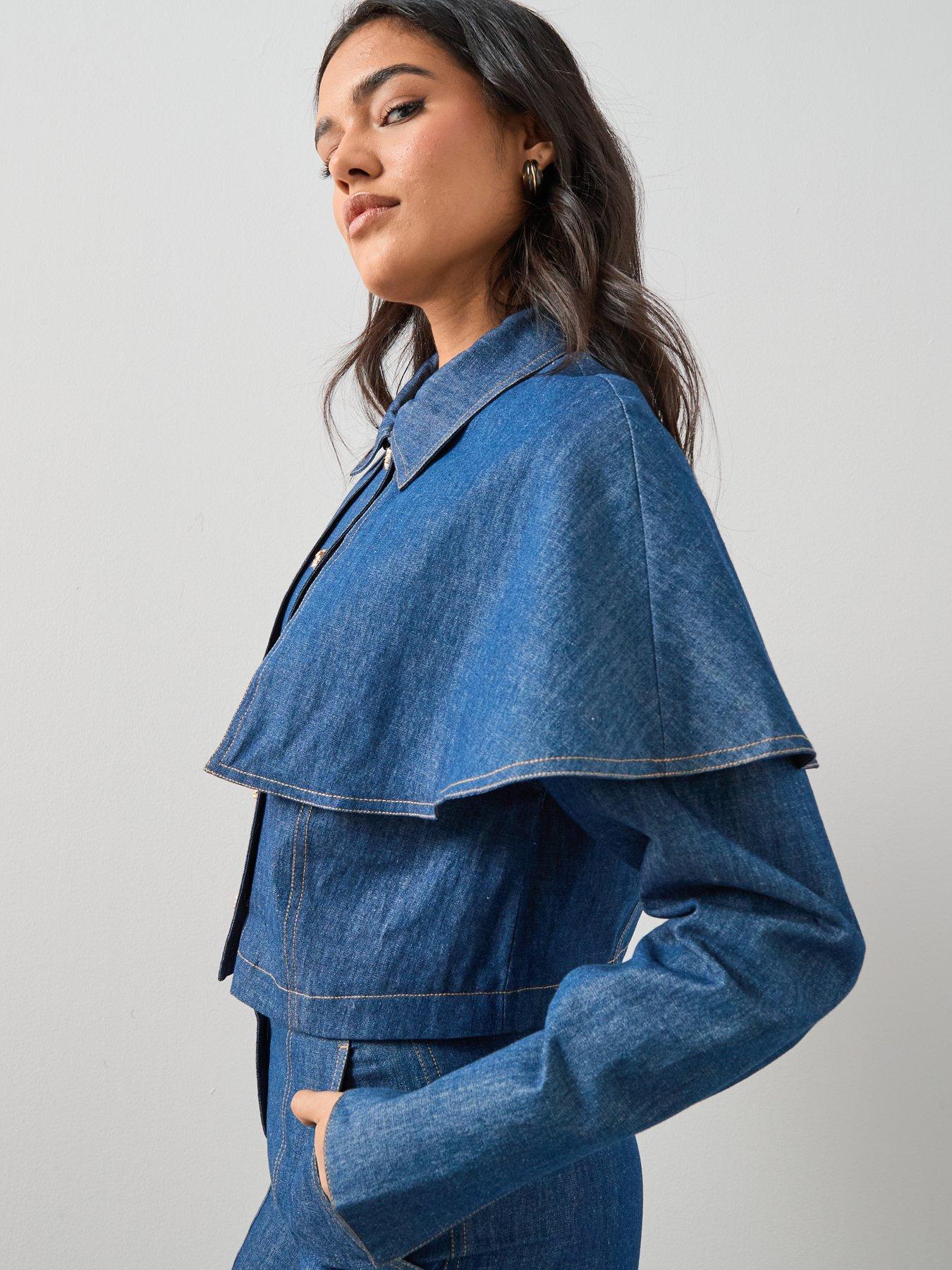  image of the-very-collection-cross-hatch-cape-denim-jacket-co-ord-blue