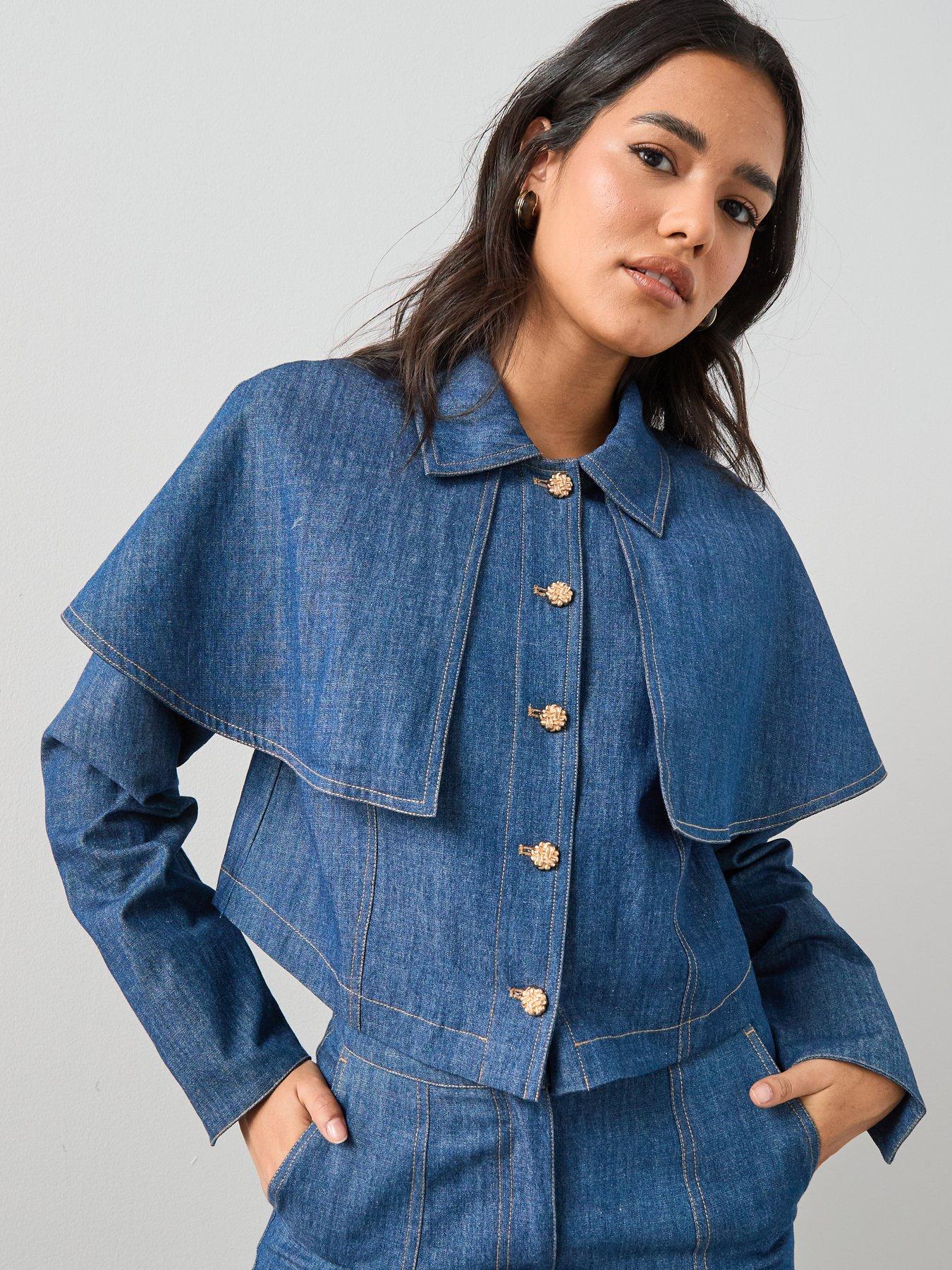  image of the-very-collection-cross-hatch-cape-denim-jacket-co-ord-blue