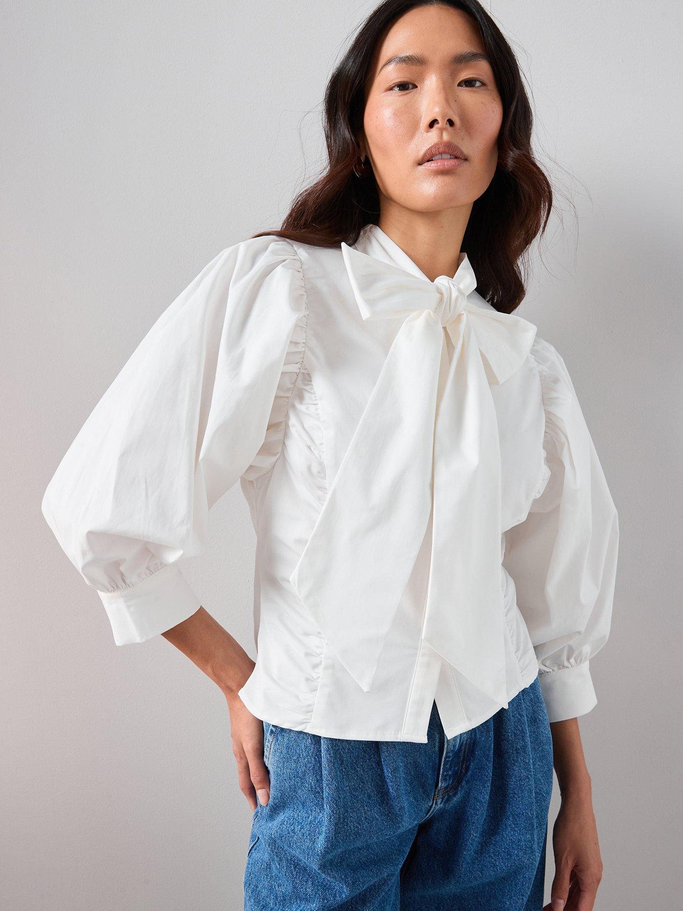  image of the-very-collection-pussy-bow-balloon-sleeve-blouse-cream