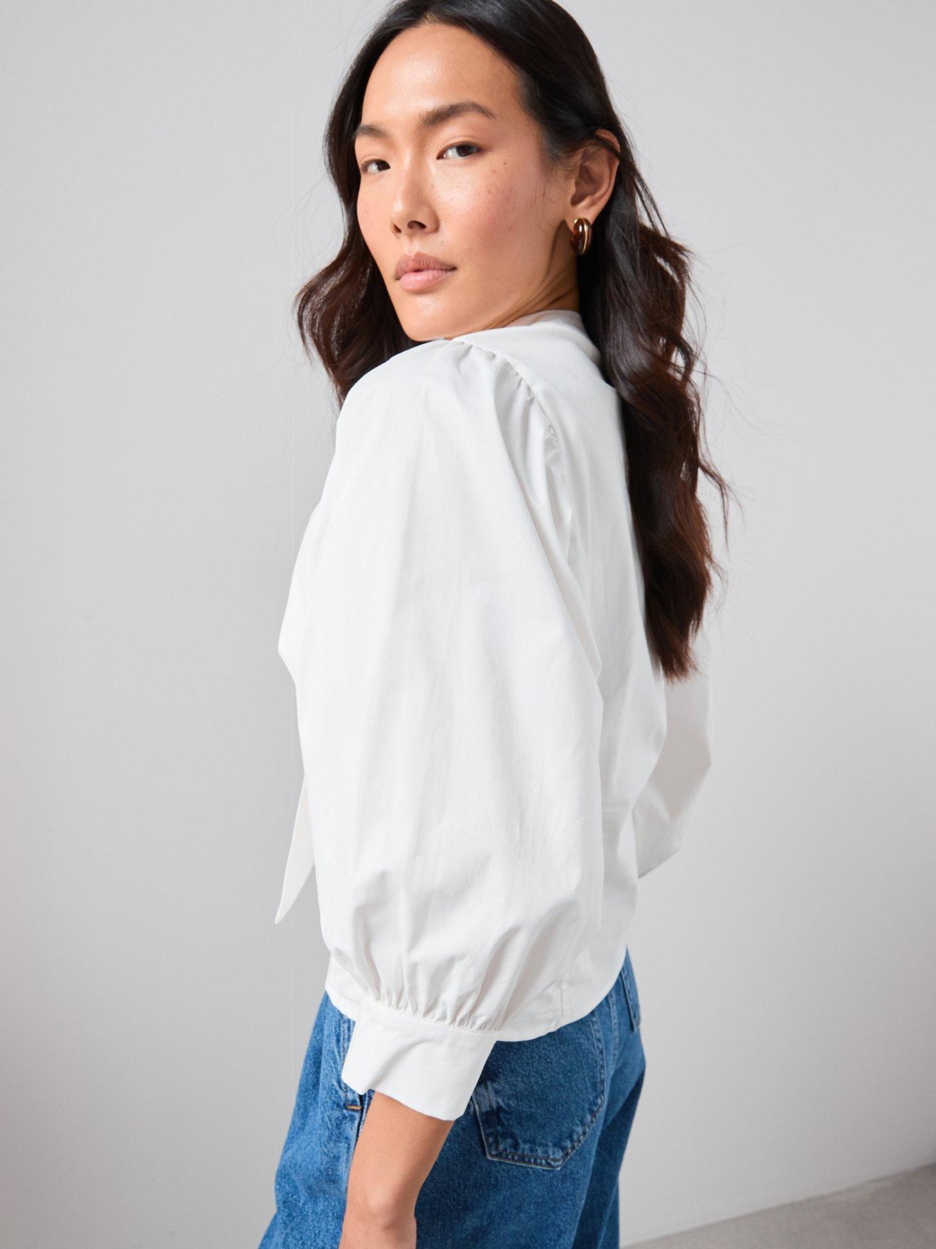 stillFront image of the-very-collection-pussy-bow-balloon-sleeve-blouse-cream