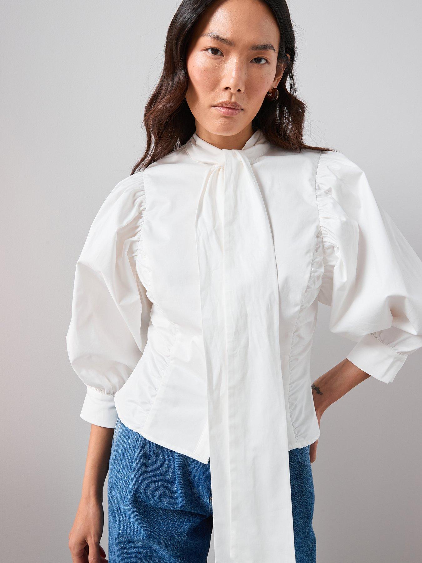  image of the-very-collection-pussy-bow-balloon-sleeve-blouse-cream