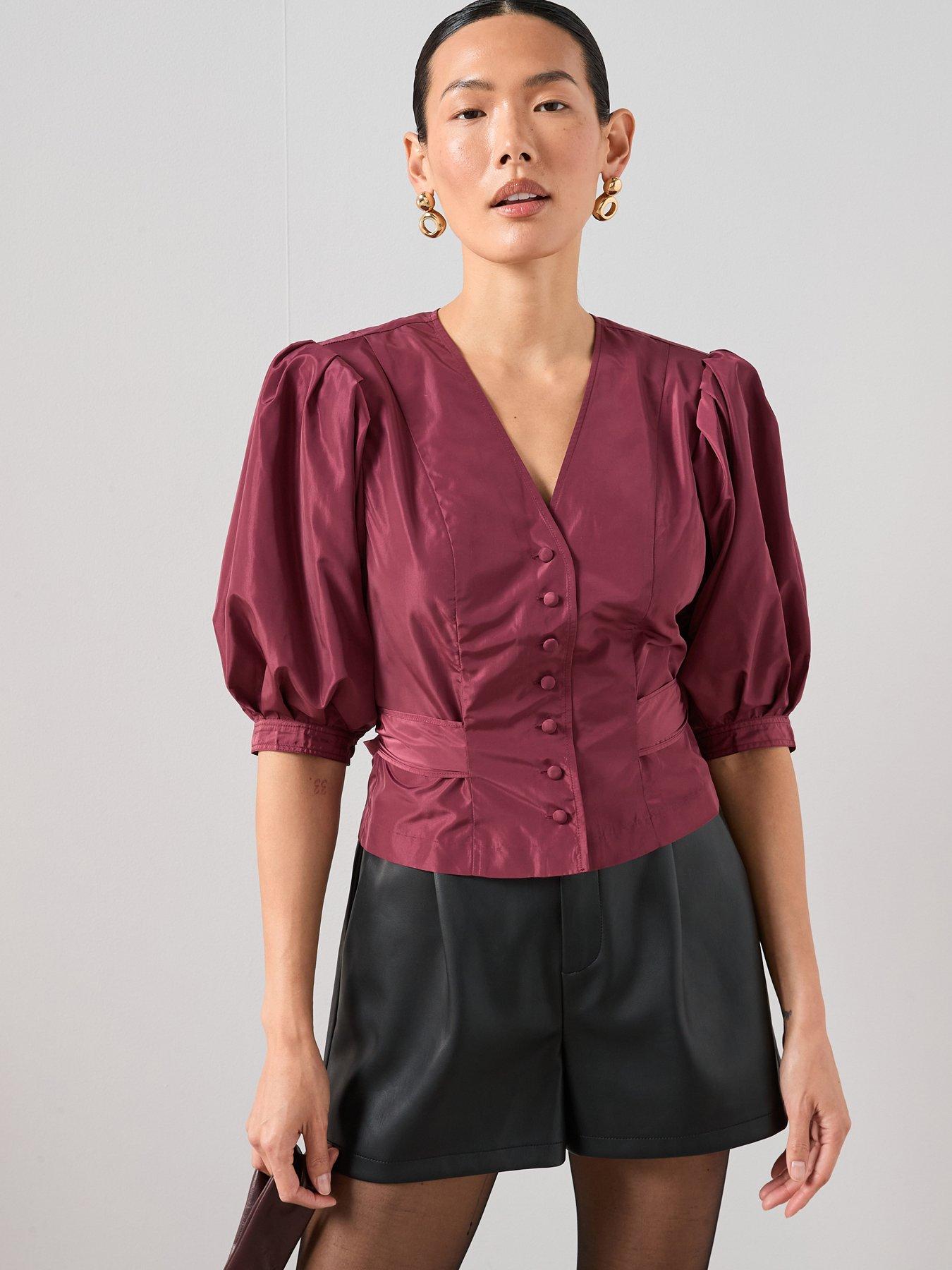 front image of the-very-collection-wrap-puff-sleeve-blouse-purple