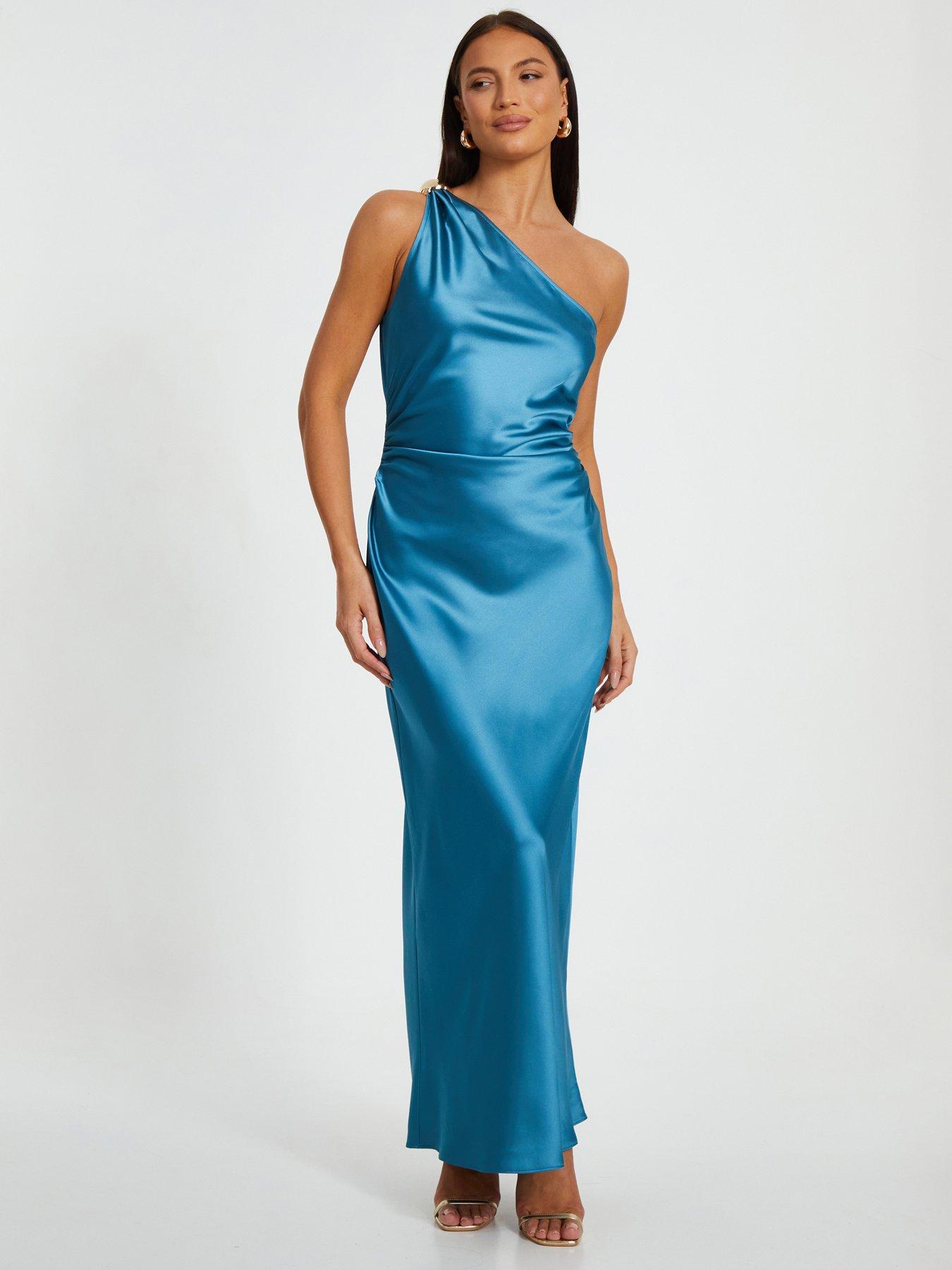 undefined Teal Satin One Shoulder Midaxi Dress