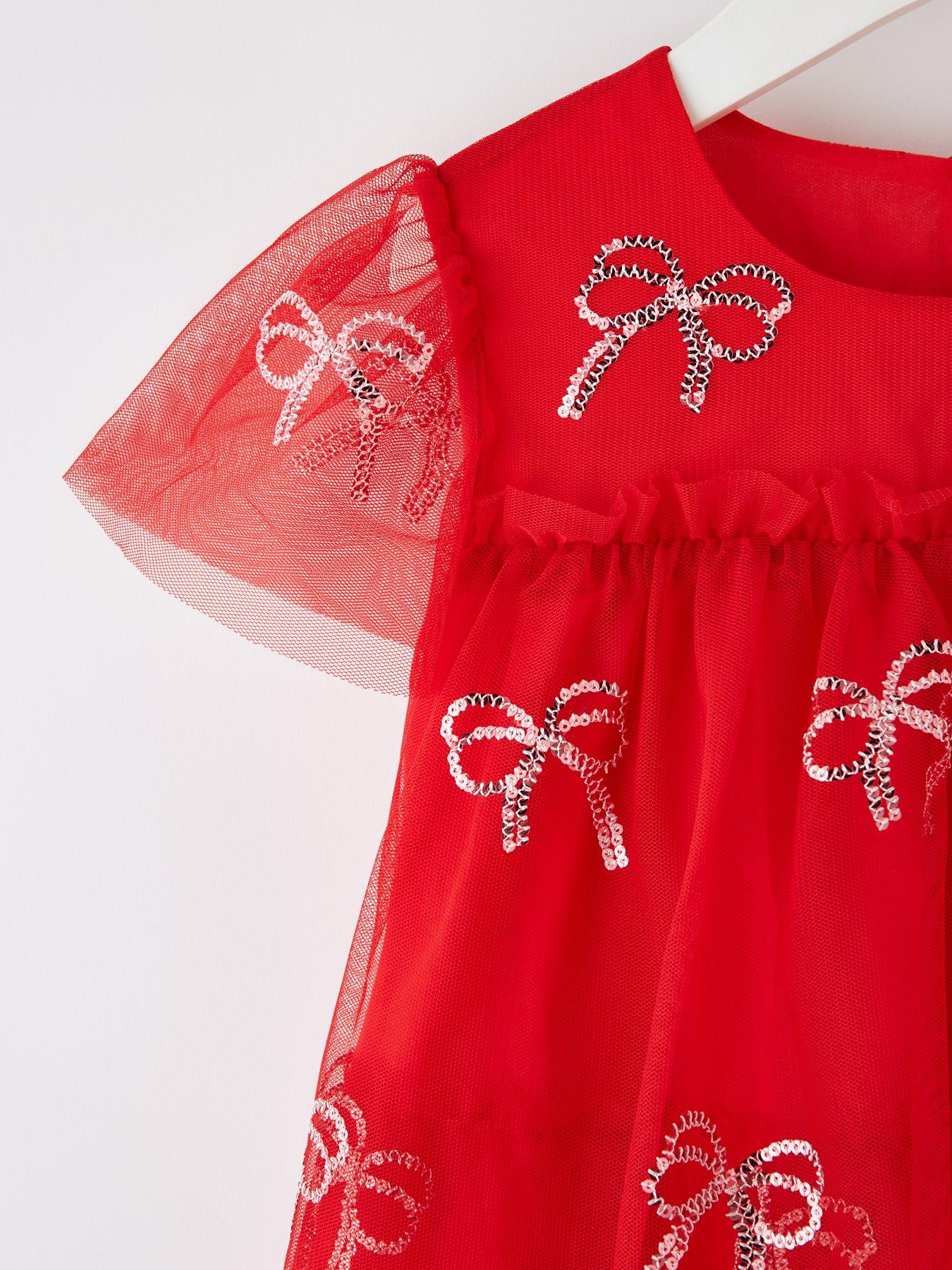 Image 3 of 5 of The Very Collection Girls Sequin Bow Party Dress - Red
