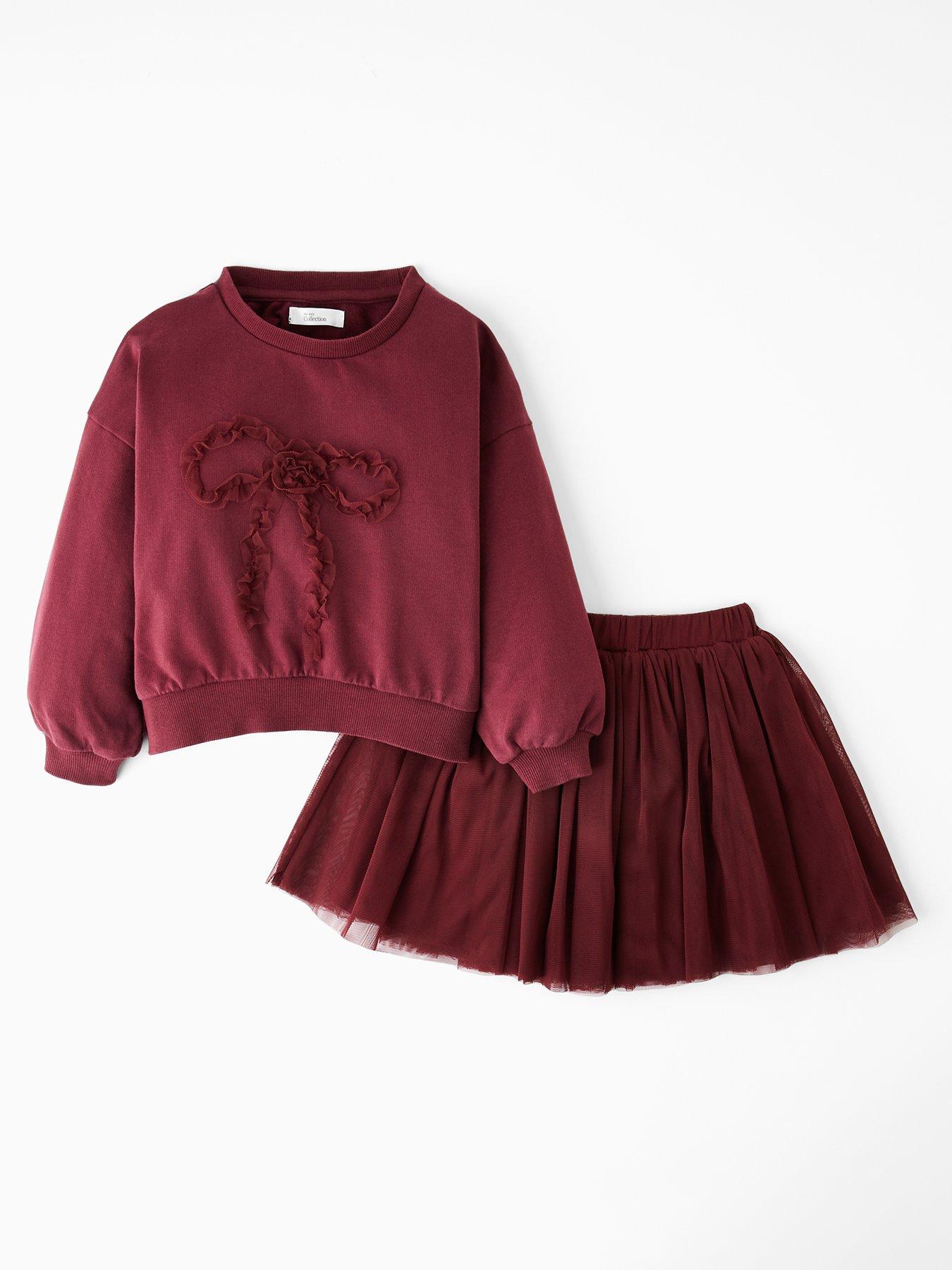 front image of the-very-collection-girls-sweatshirt-and-tulle-skirt-burgundyred