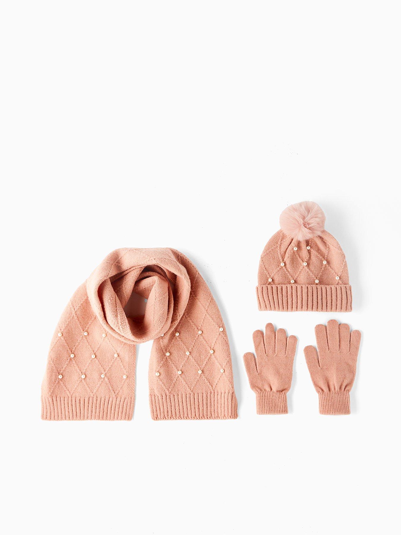 The Very Collection Kids Pearl Hat, Scarf And Gloves Set 3 Piece - Pink