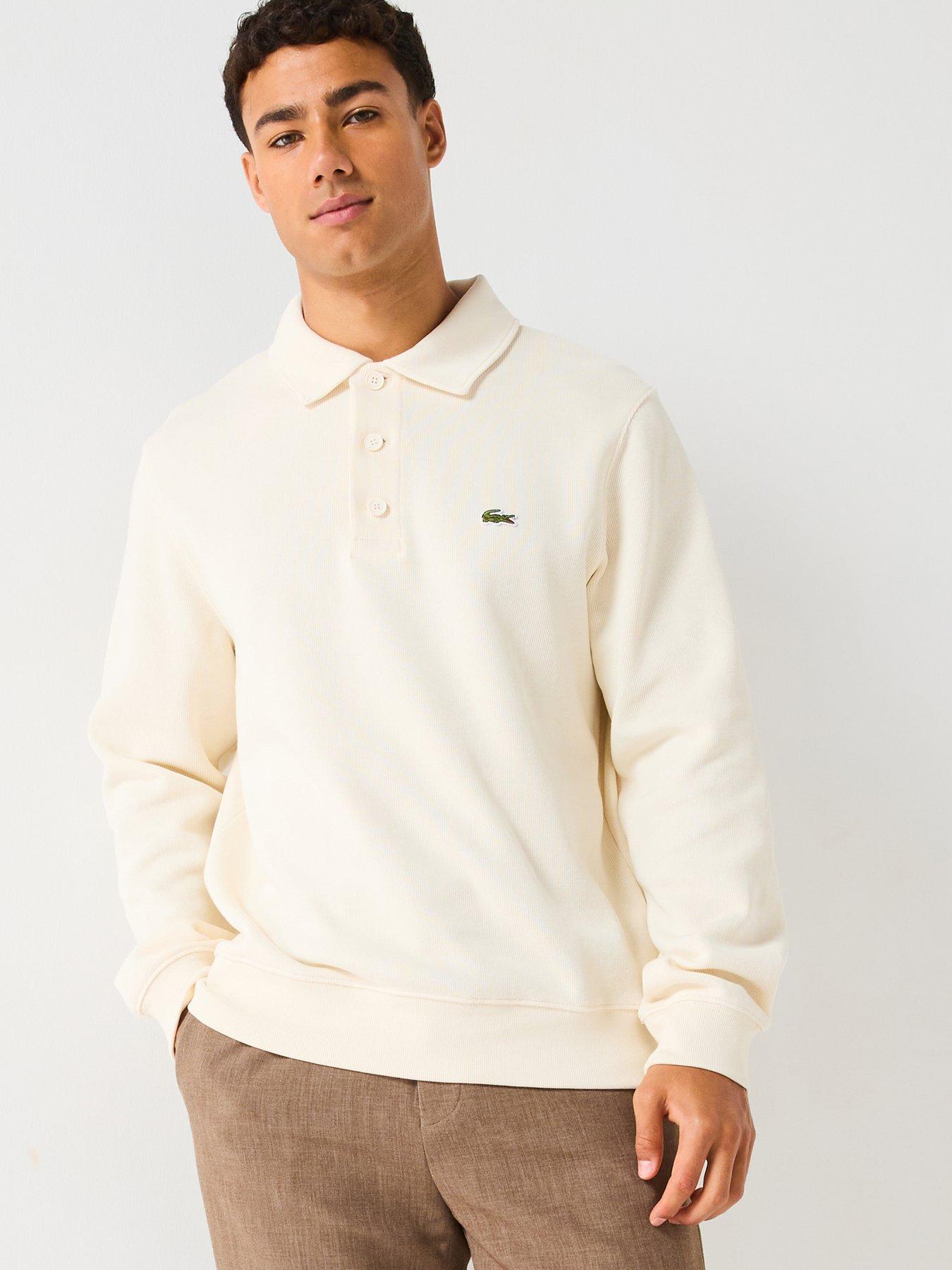 Lacoste Classic Fit Ribbed Polo Collar Crew Sweat- Cream