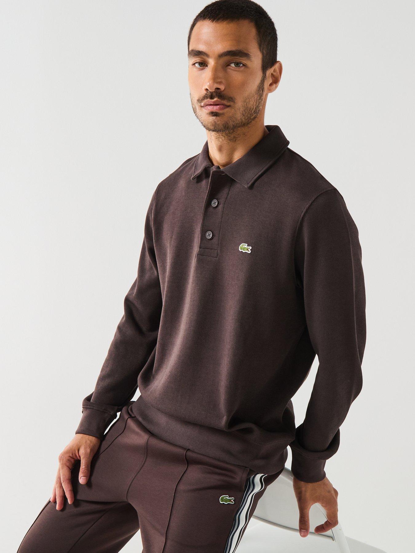 Image 6 of 6 of Lacoste Classic Fit Ribbed Polo Collar Crew Sweat&nbsp;- Brown