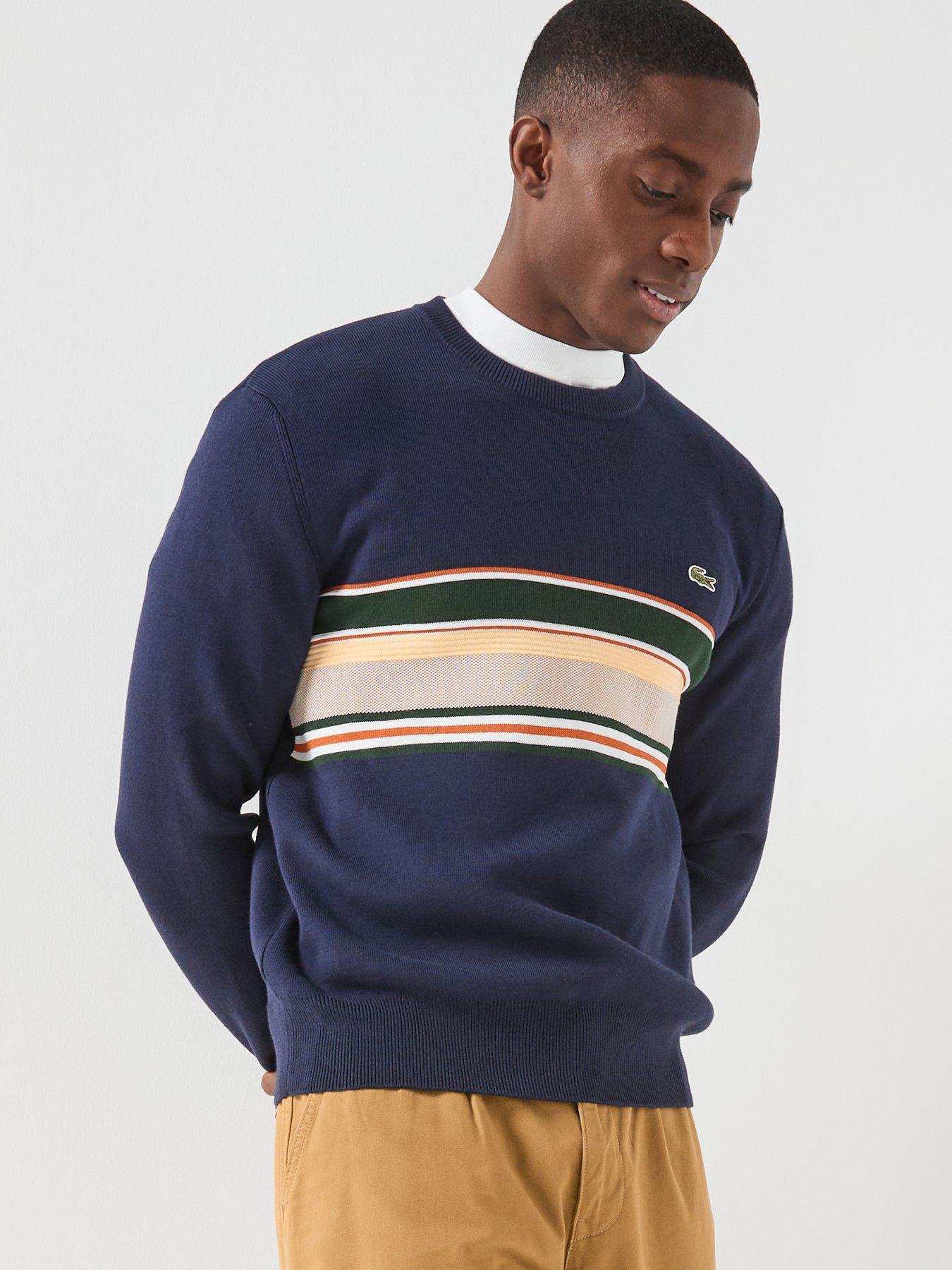 front image of lacoste-striped-crew-neck-knitted-jumper--navy