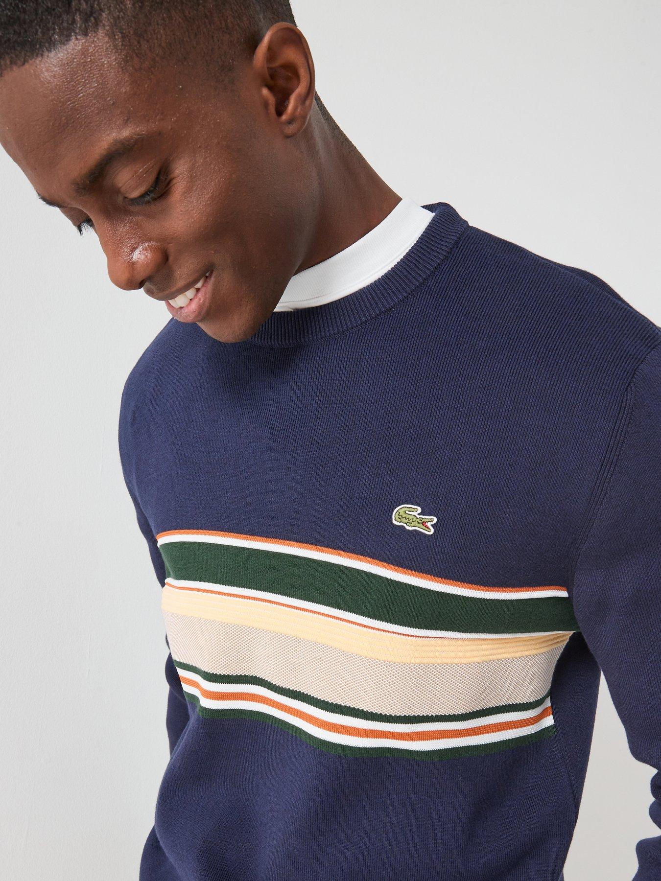  image of lacoste-striped-crew-neck-knitted-jumper--navy
