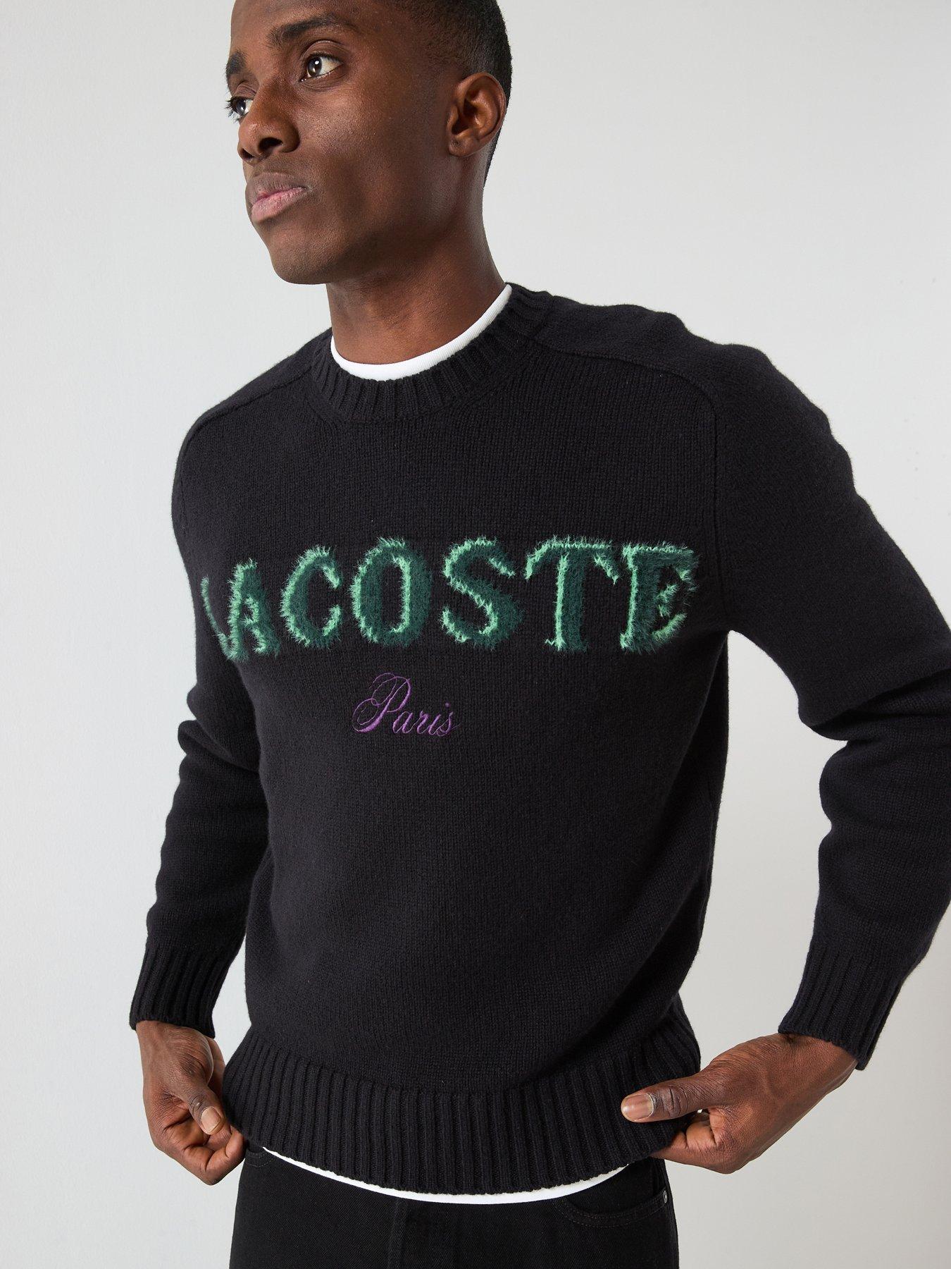  image of lacoste-crew-neck-textured-logo-knitted-jumper--black