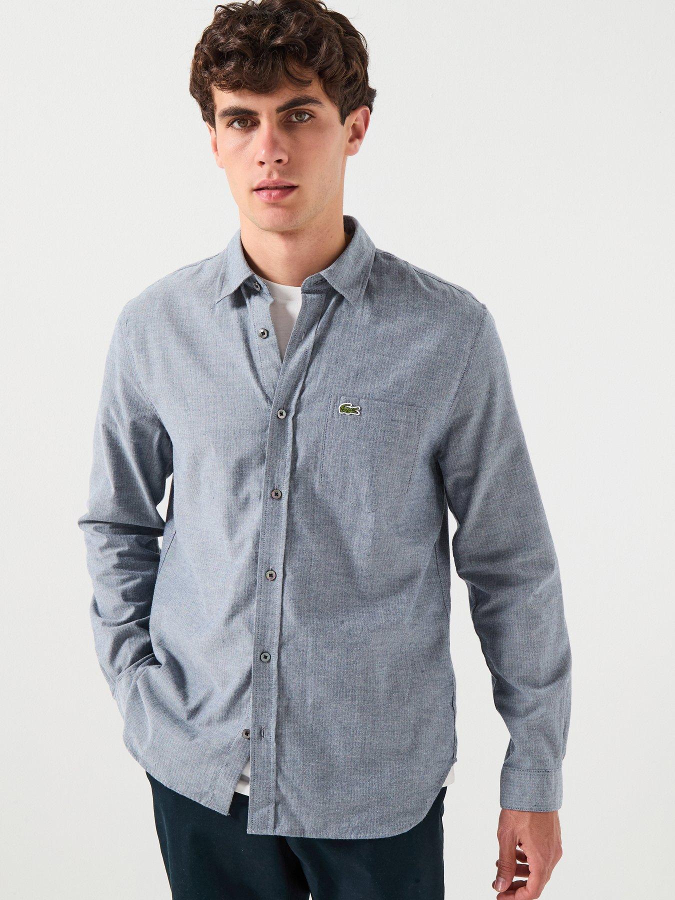 front image of lacoste-fine-herringbone-long-sleeve-check-shirt-blue