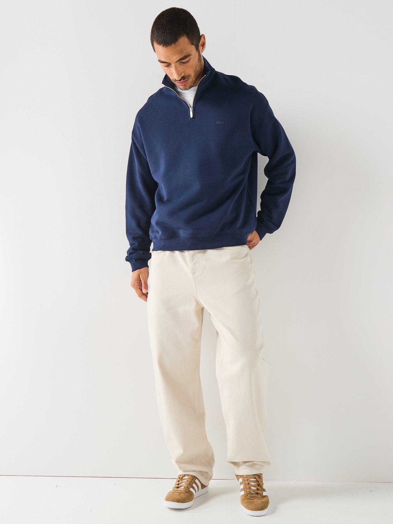 Image 3 of 5 of Lacoste Loose Fit Zip Neck Fleece Sweatshirt&nbsp;- Navy