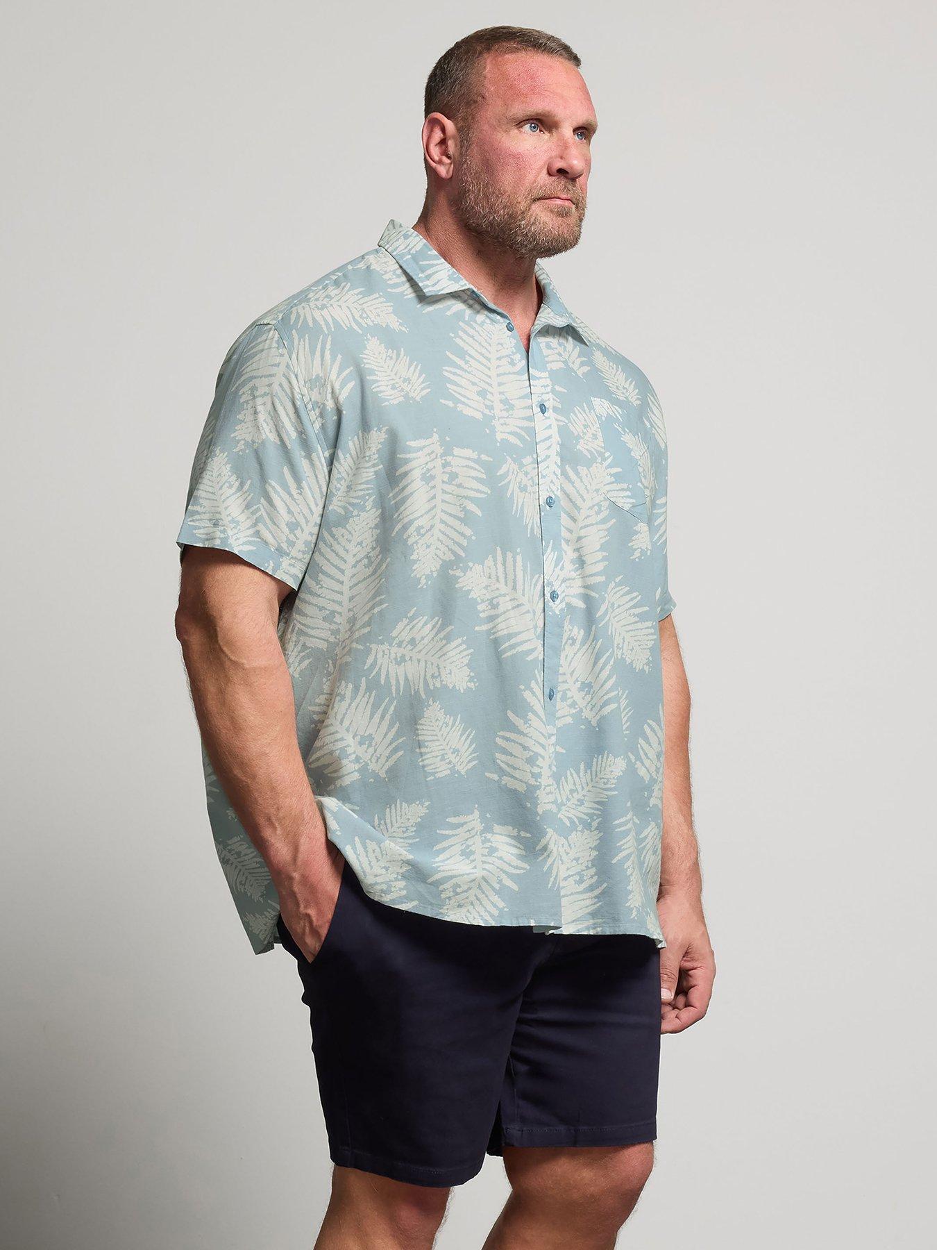badrhino-leaf-print-short-sleeve-linen-shirt-blue