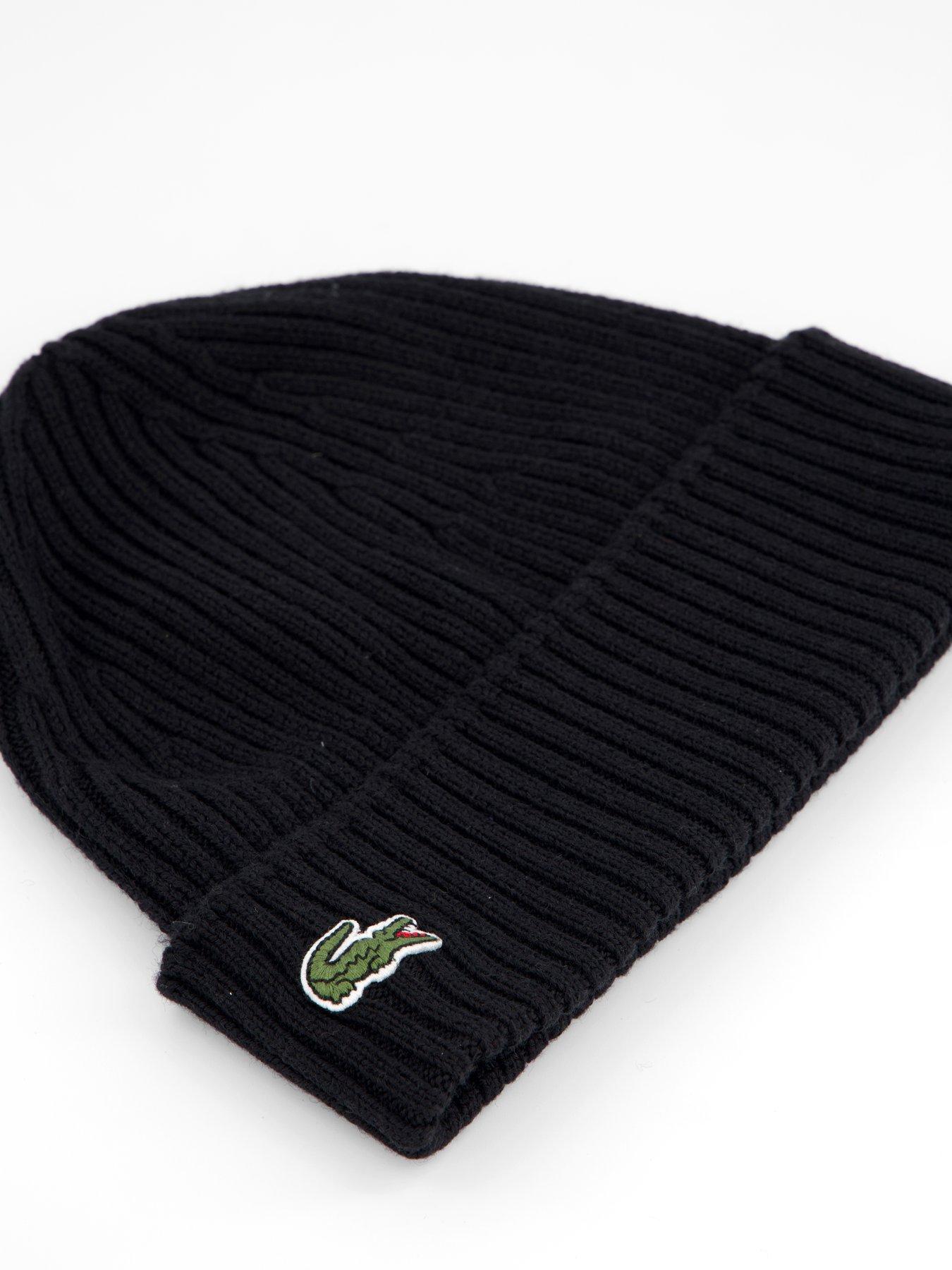 Image 3 of 4 of Lacoste Ribbed Knitted Beanie- Black