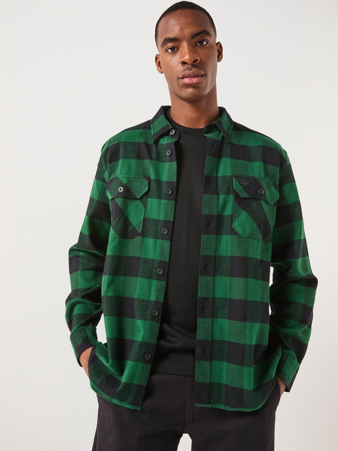 Image 1 of 6 of Lacoste Woven Cotton Long Sleeve Check Shirt- Green