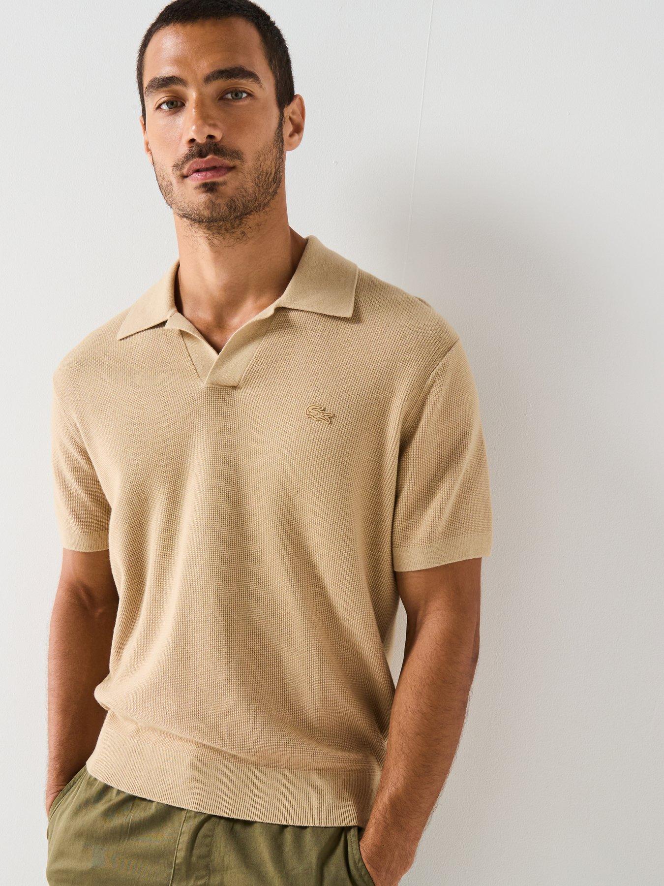 Image 1 of 5 of Lacoste Textured Buttonless Polo Collar Knitted Jumper- Beige