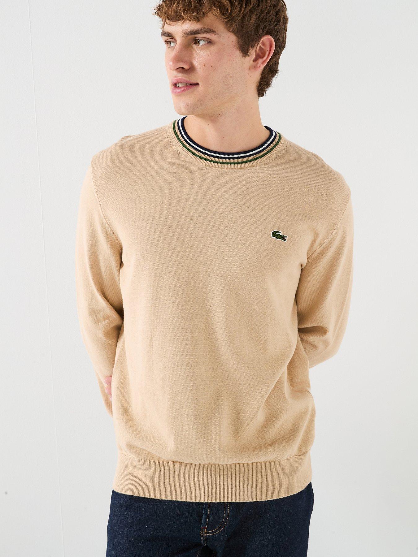  image of lacoste-stripe-accent-crew-neck-knitted-jumper-beige