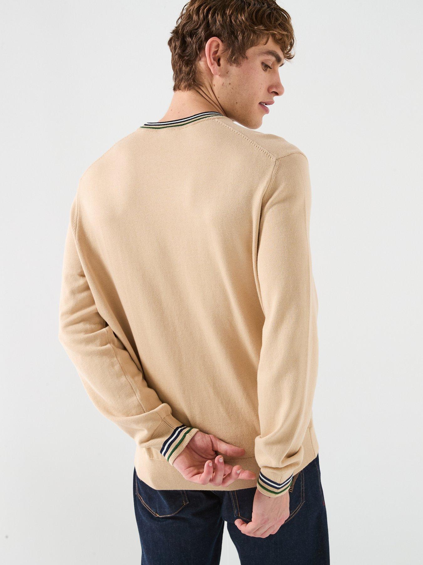 stillFront image of lacoste-stripe-accent-crew-neck-knitted-jumper-beige