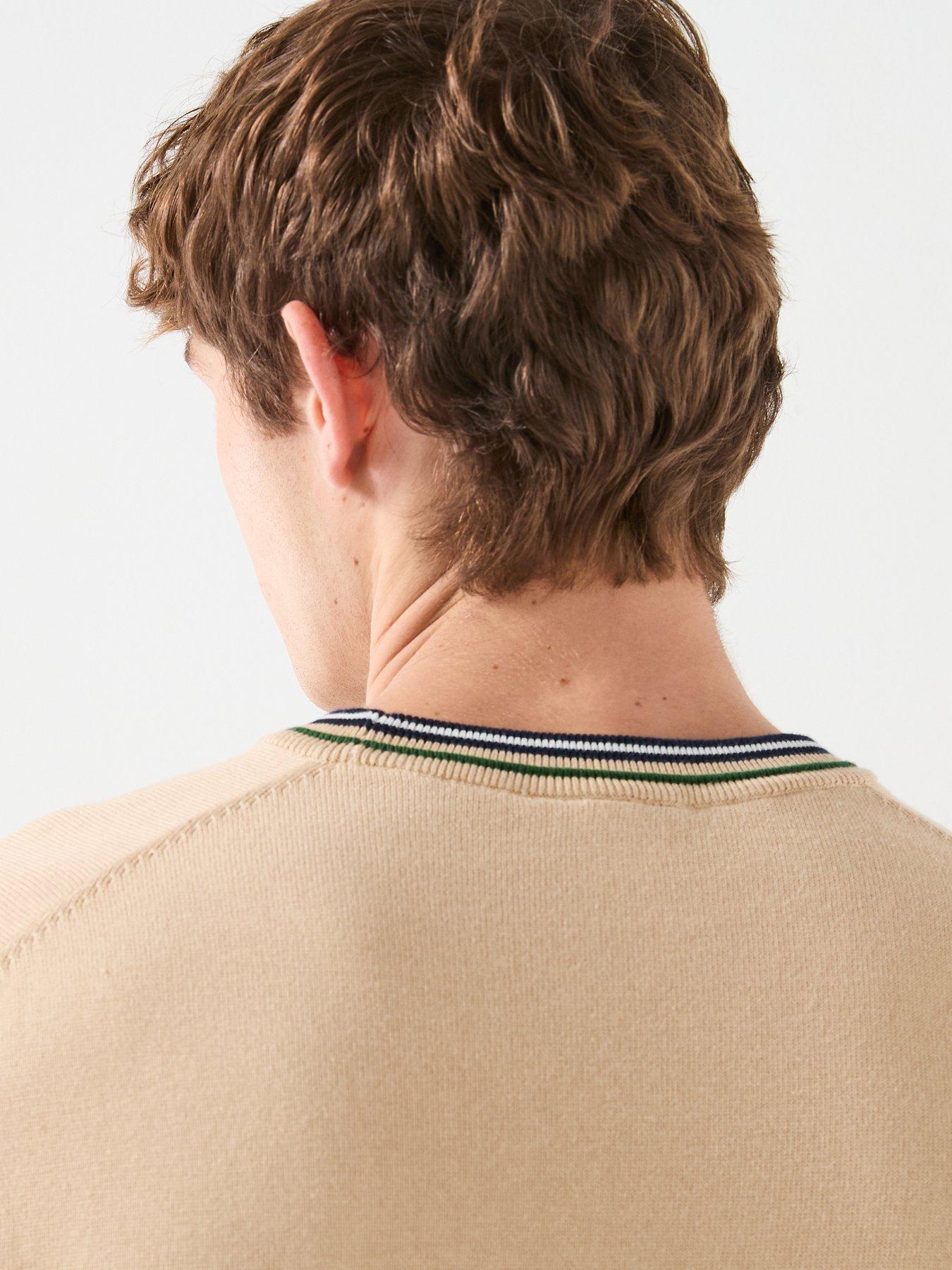  image of lacoste-stripe-accent-crew-neck-knitted-jumper-beige