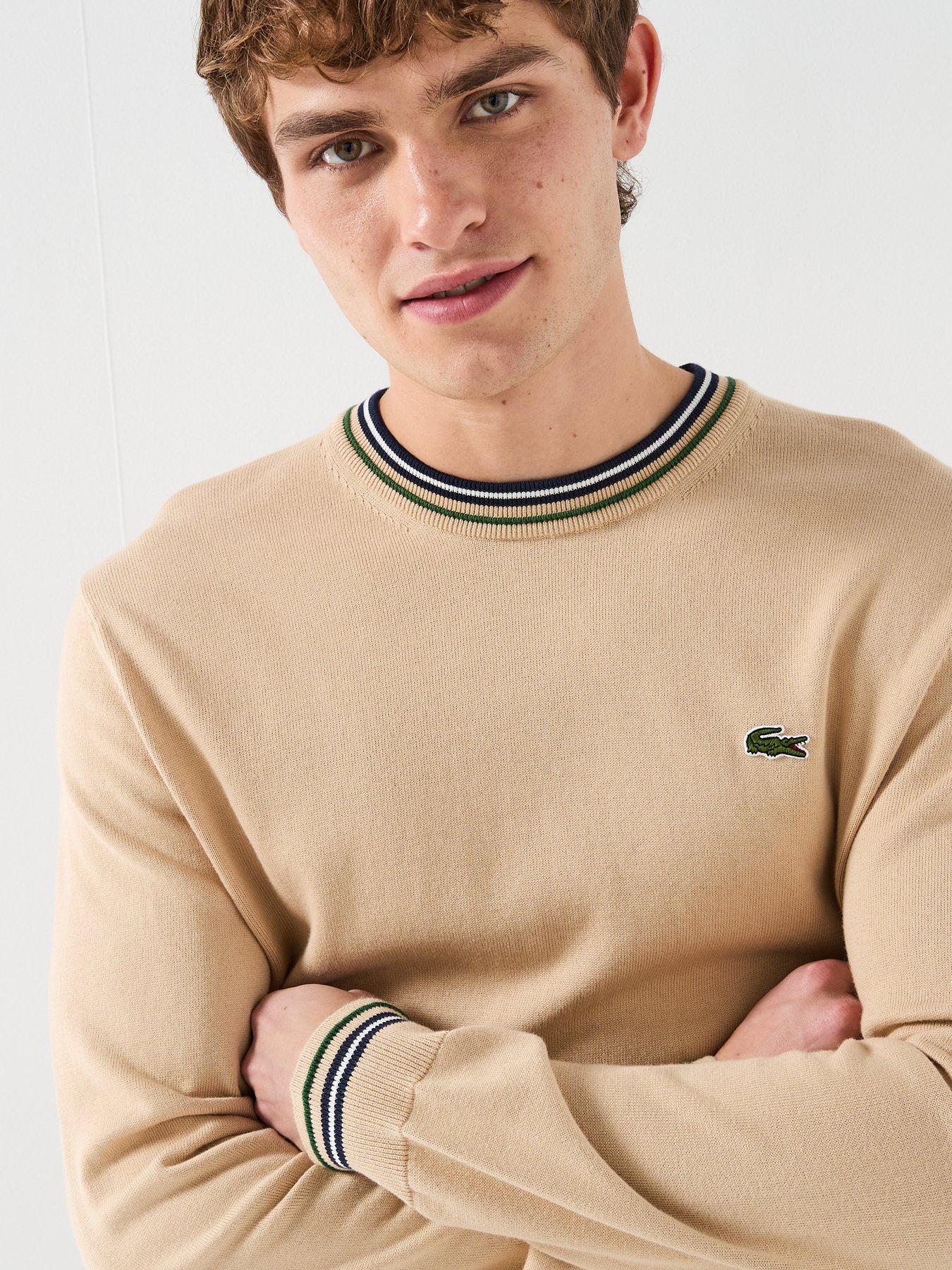  image of lacoste-stripe-accent-crew-neck-knitted-jumper-beige