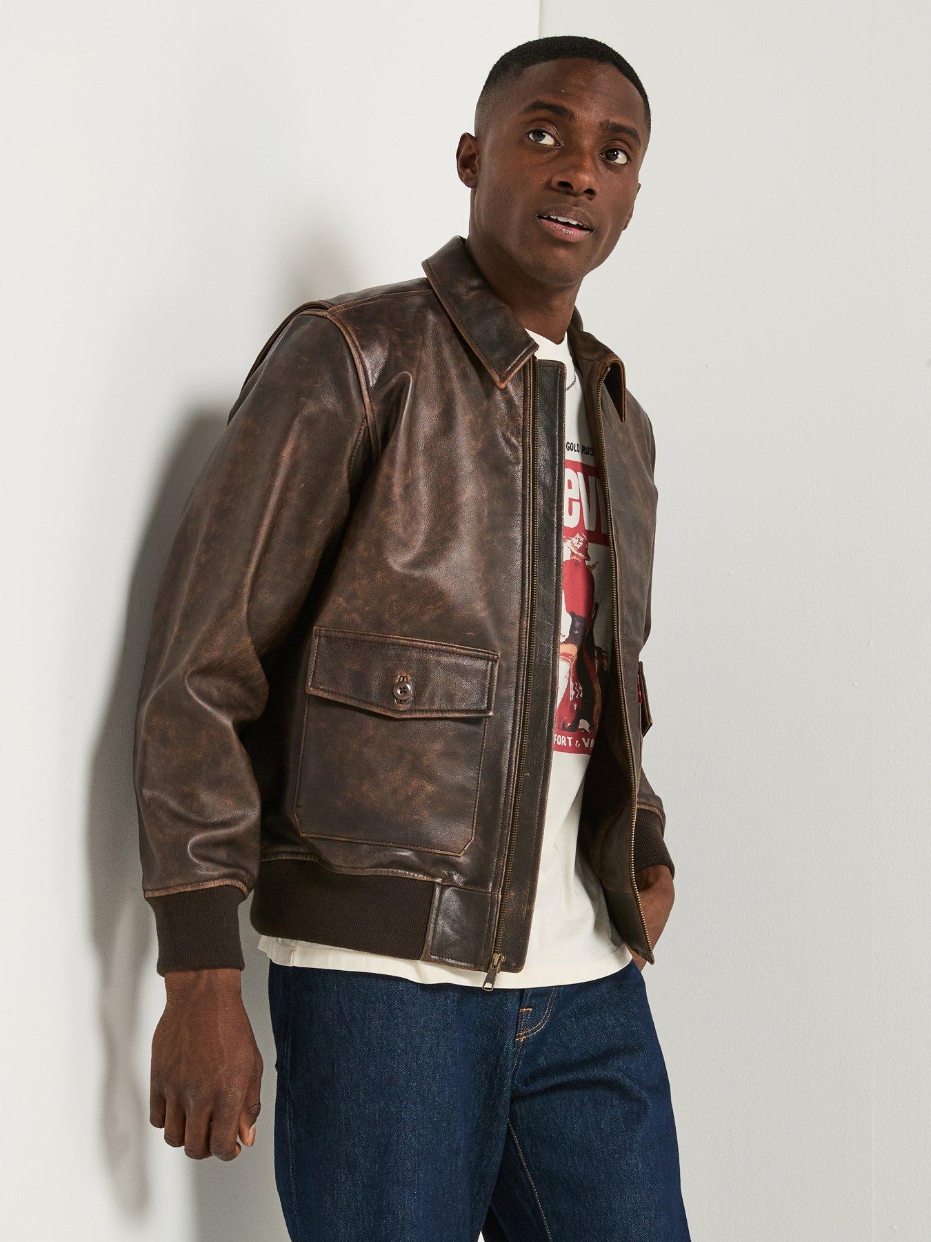 undefined Clayton Cuffed Leather Aviator Jacket - Brown