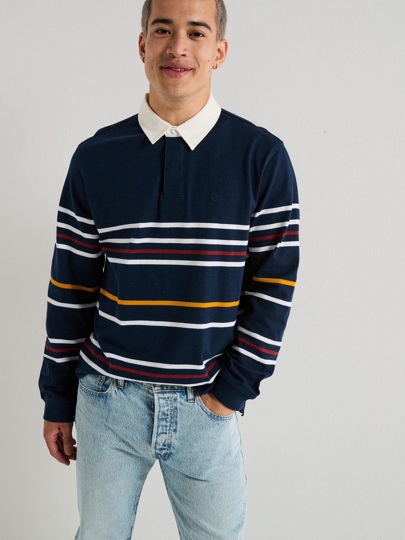 Image 1 of 6 of Levi's Union Long Sleeve Striped Rugby Polo Shirt - Navy
