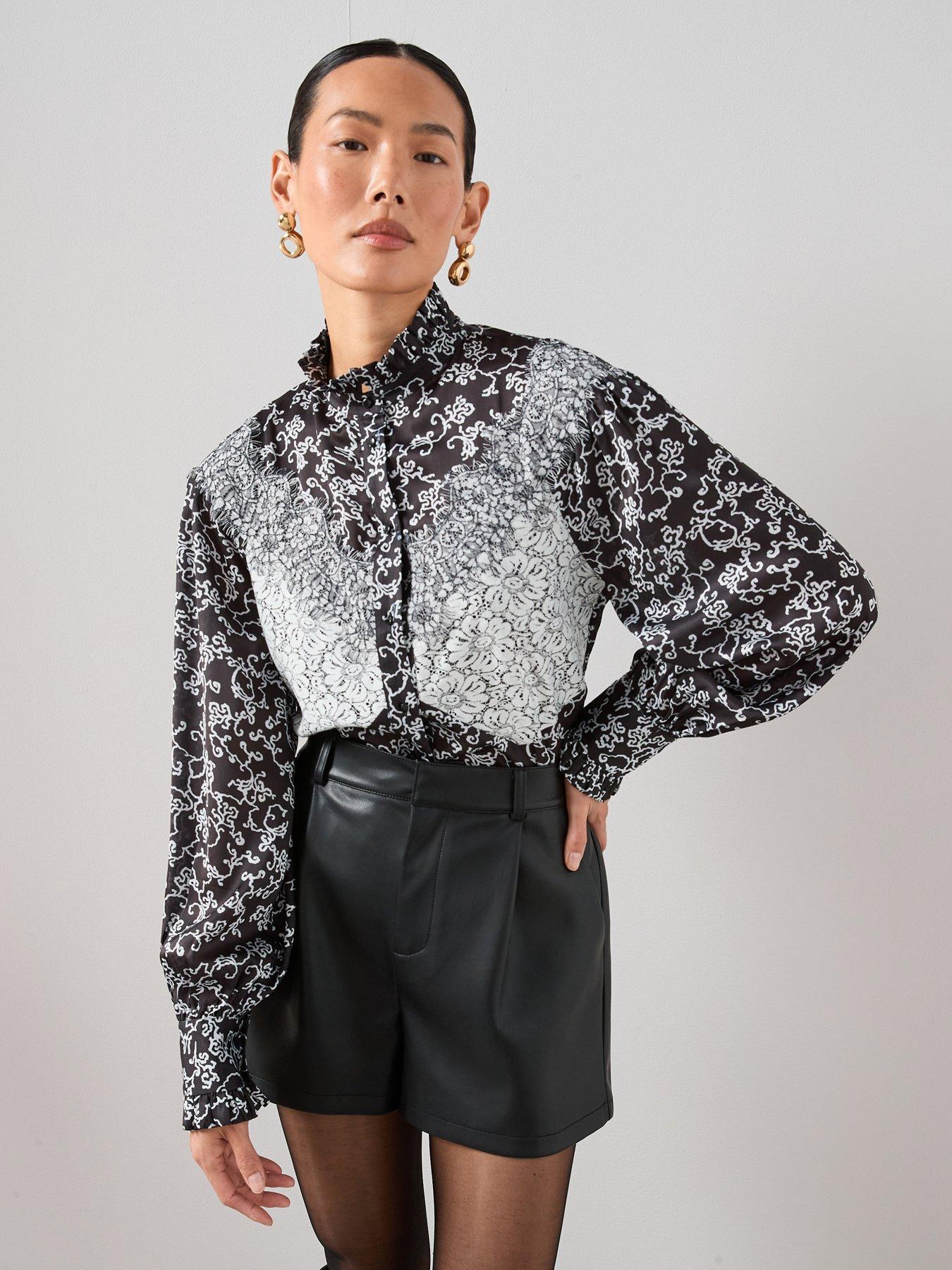 The Very Collection Printed Lace Ruffle Blouse - Black