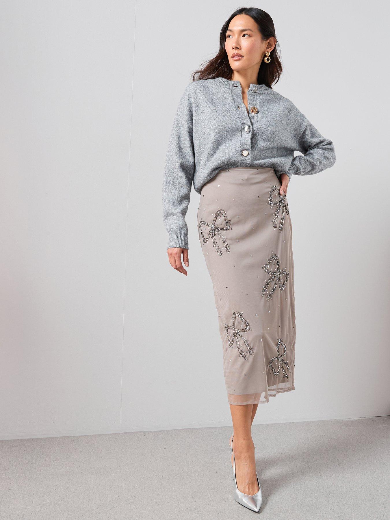 front image of the-very-collection-bow-detail-embellished-midi-skirt-co-ord-grey
