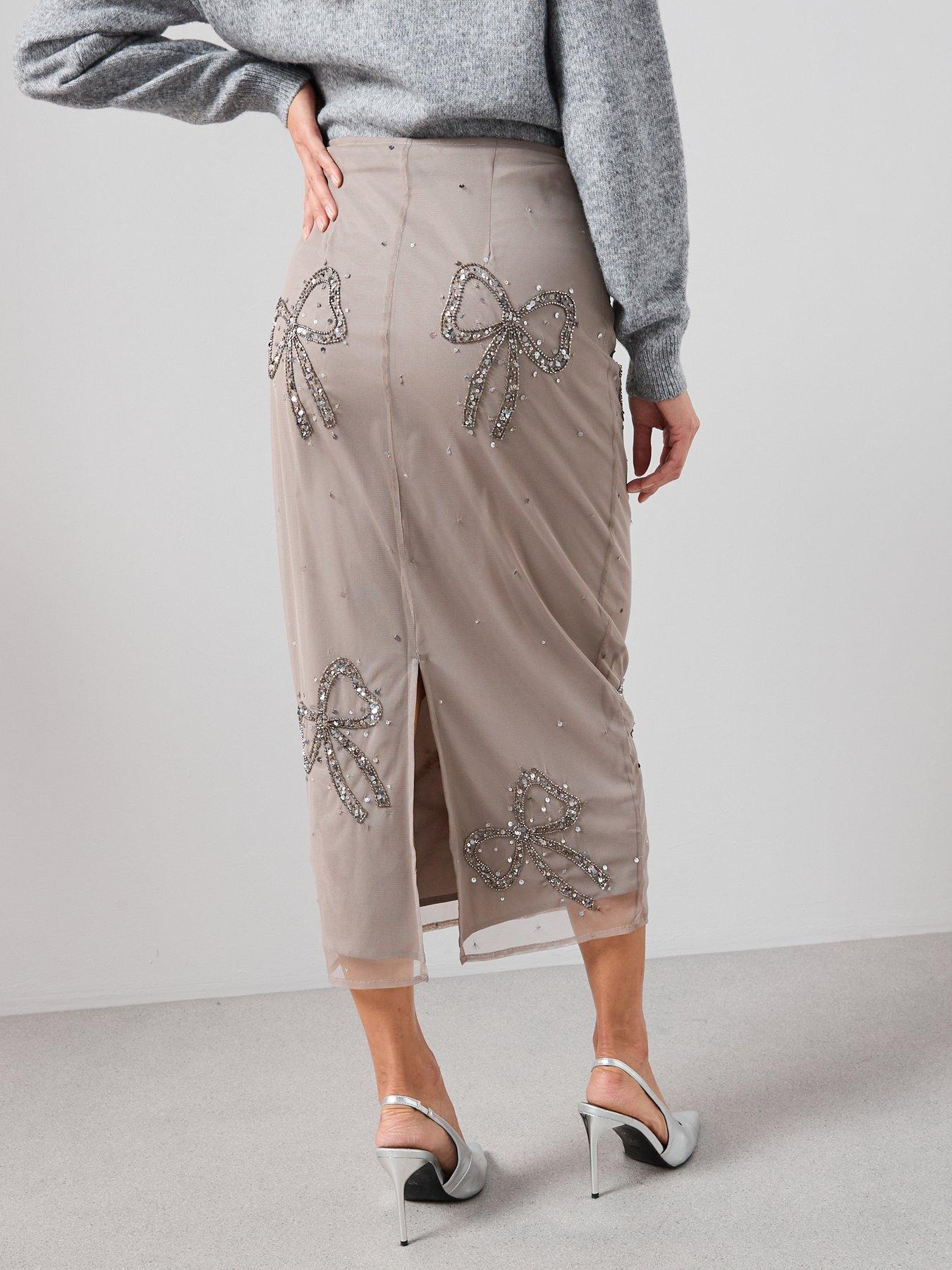  image of the-very-collection-bow-detail-embellished-midi-skirt-co-ord-grey
