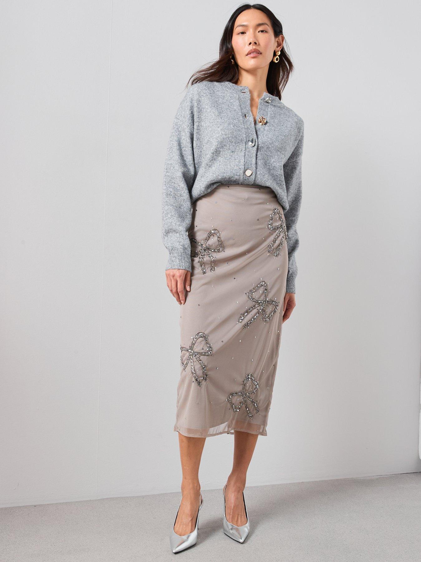  image of the-very-collection-bow-detail-embellished-midi-skirt-co-ord-grey