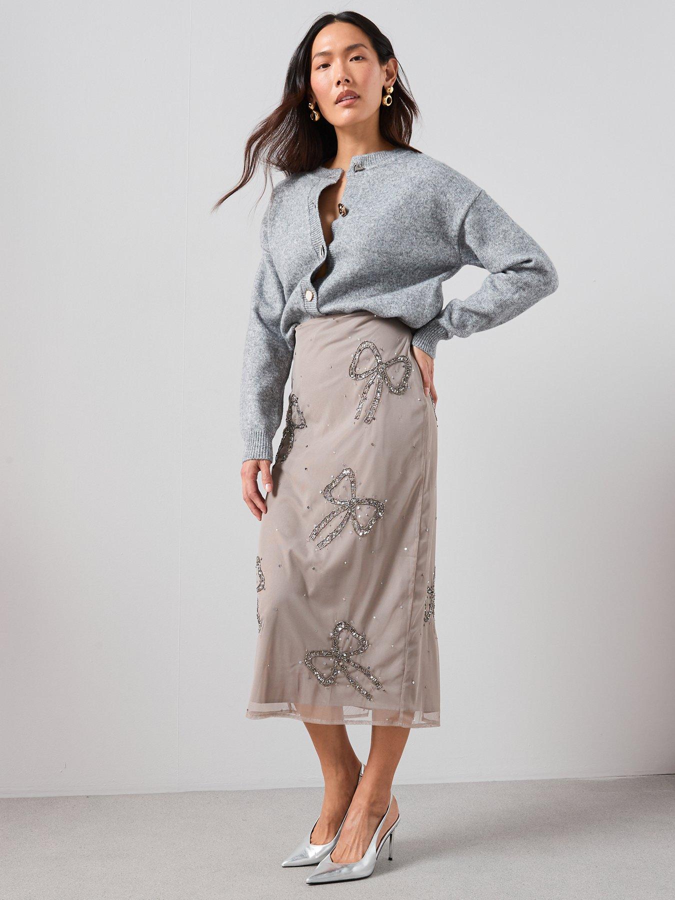  image of the-very-collection-bow-detail-embellished-midi-skirt-co-ord-grey