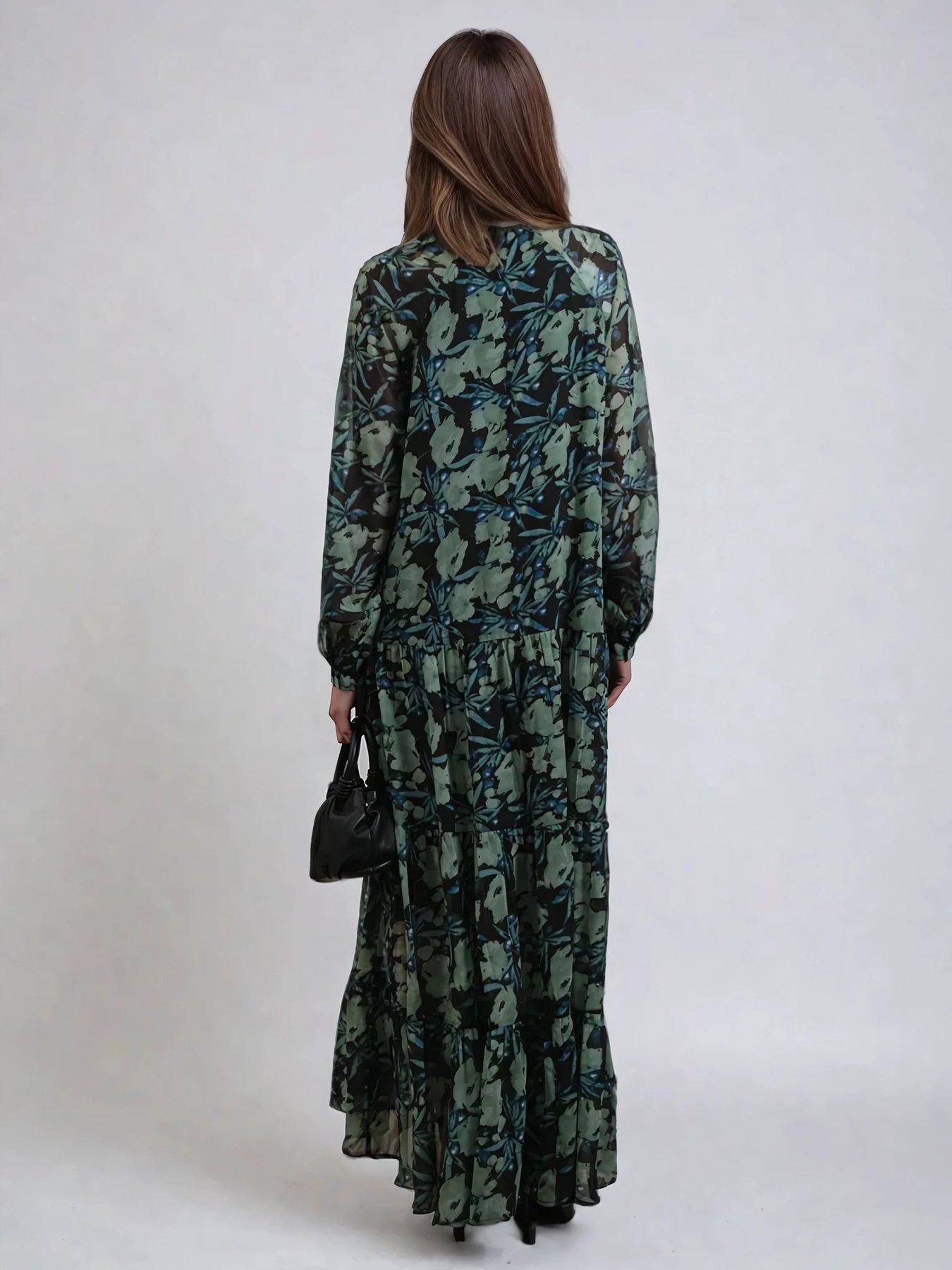  image of religion-sunset-maxi-dress-with-tiered-skirt-in-green-floral-green
