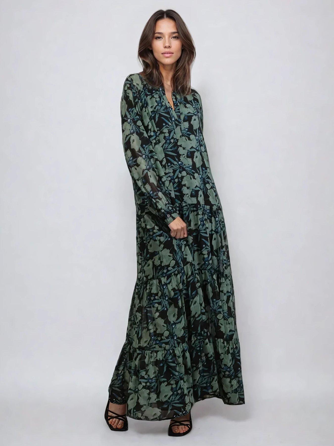  image of religion-sunset-maxi-dress-with-tiered-skirt-in-green-floral-green