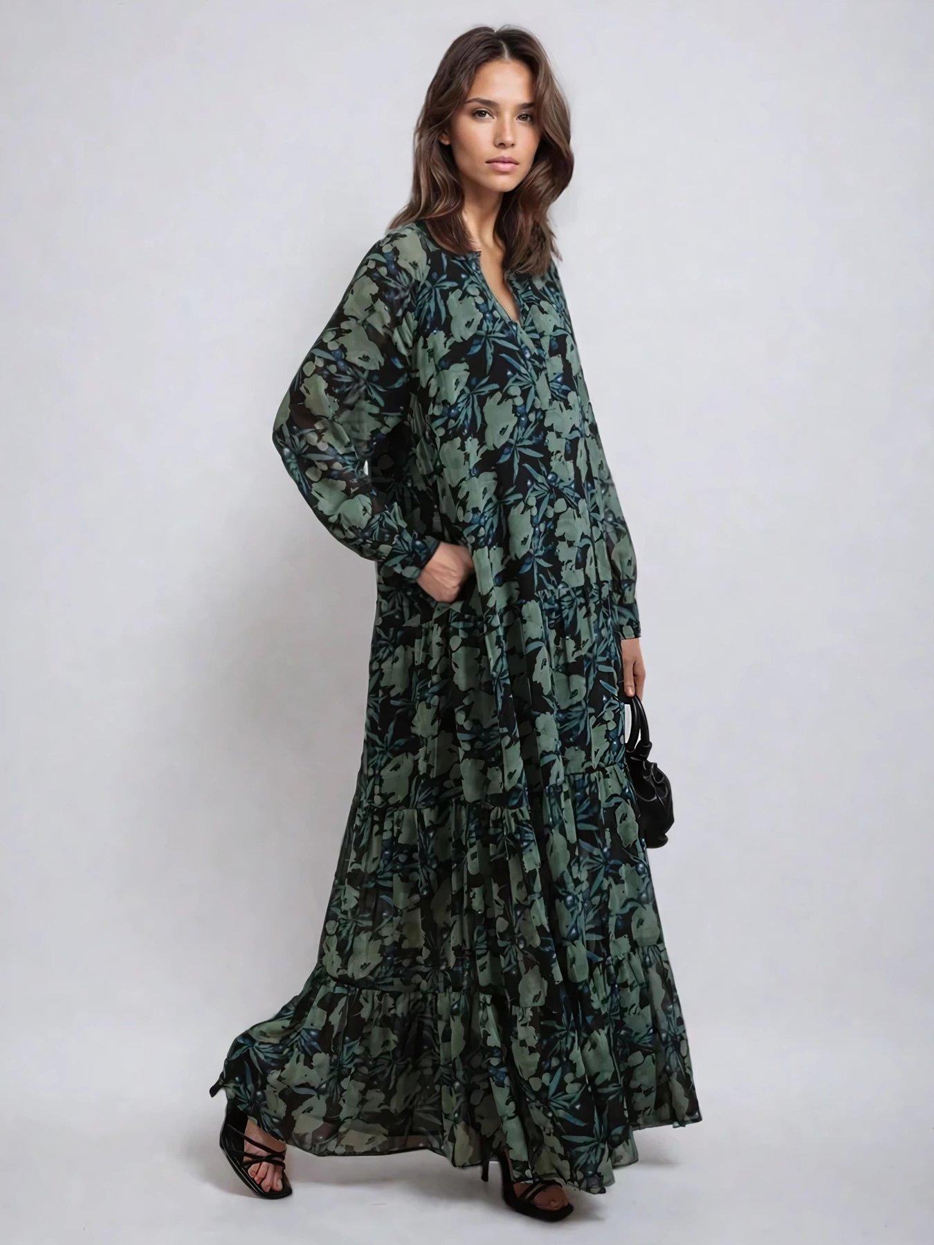  image of religion-sunset-maxi-dress-with-tiered-skirt-in-green-floral-green