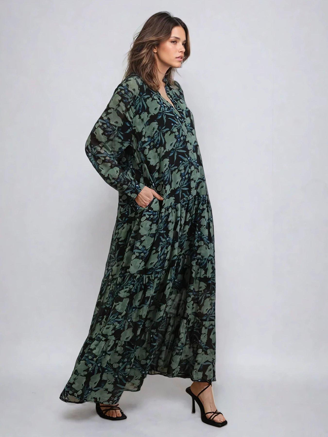  image of religion-sunset-maxi-dress-with-tiered-skirt-in-green-floral-green