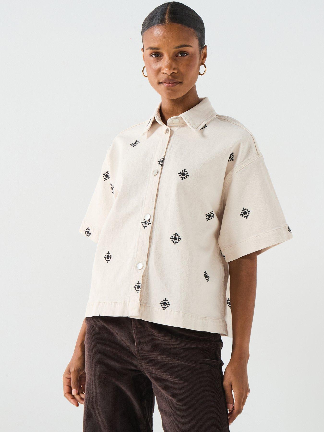 undefined Short Sleeve Embroidered Denim Shirt - Cream