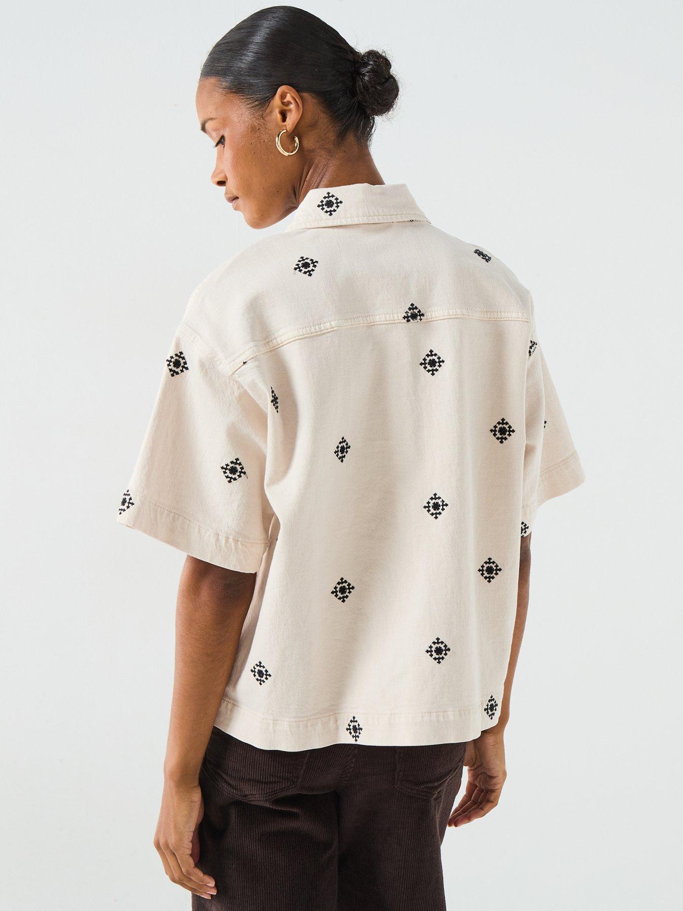 Image 2 of 6 of Vero Moda Short Sleeve Embroidered Denim Shirt - Cream