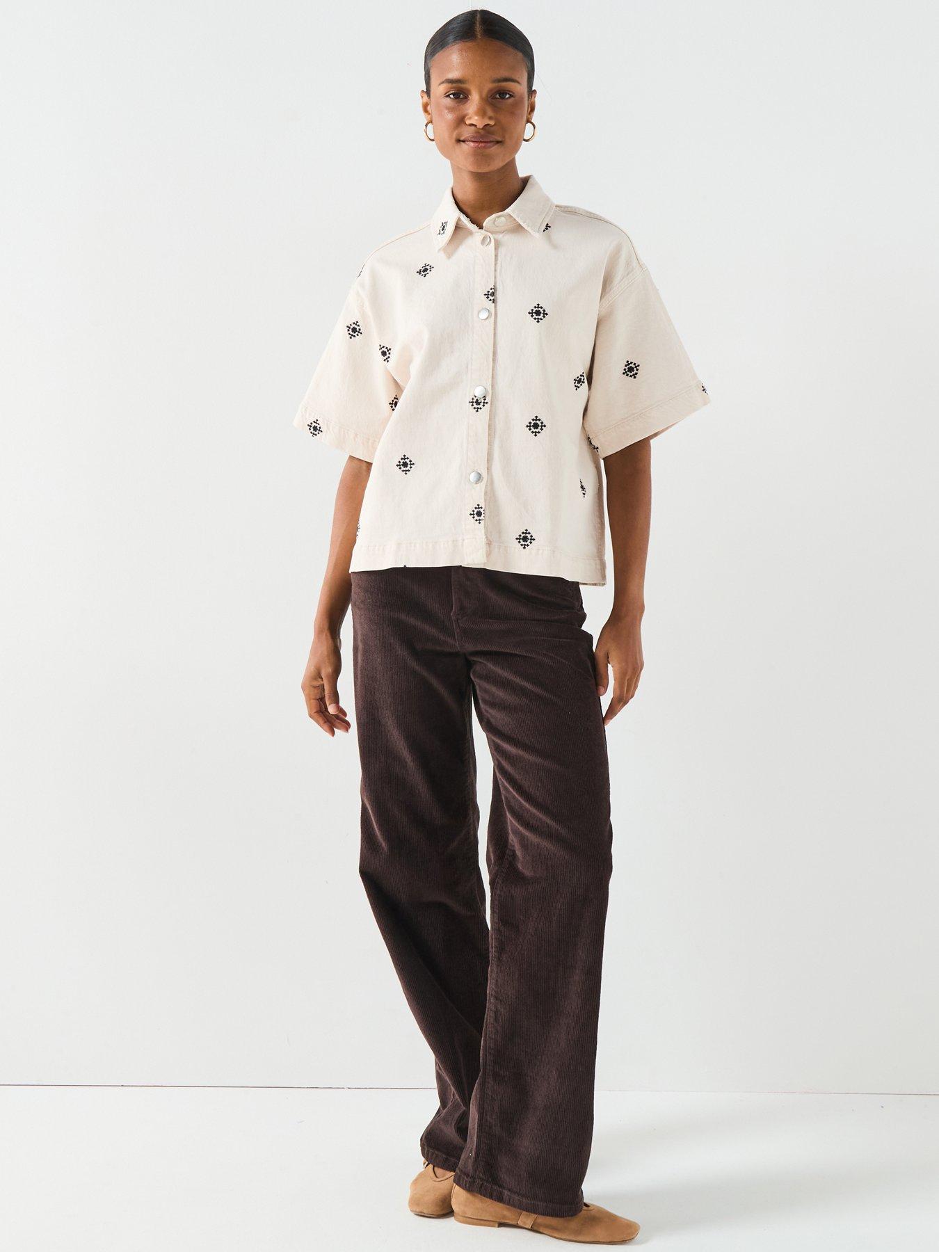 Image 3 of 6 of Vero Moda Short Sleeve Embroidered Denim Shirt - Cream